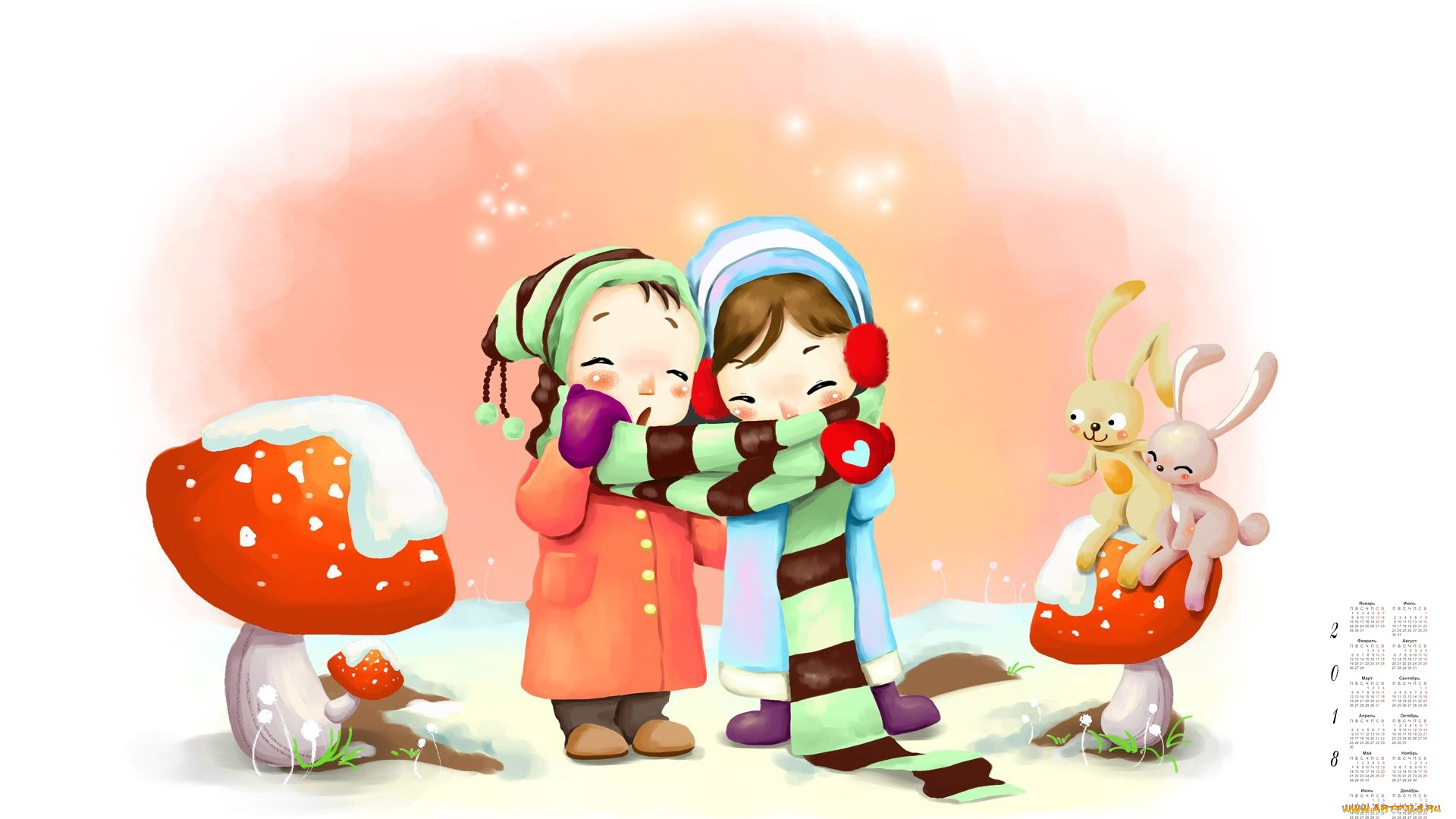 календари, рисованные, , векторная, графика, 2018, девочка, гриб, заяц, мальчик, шарф