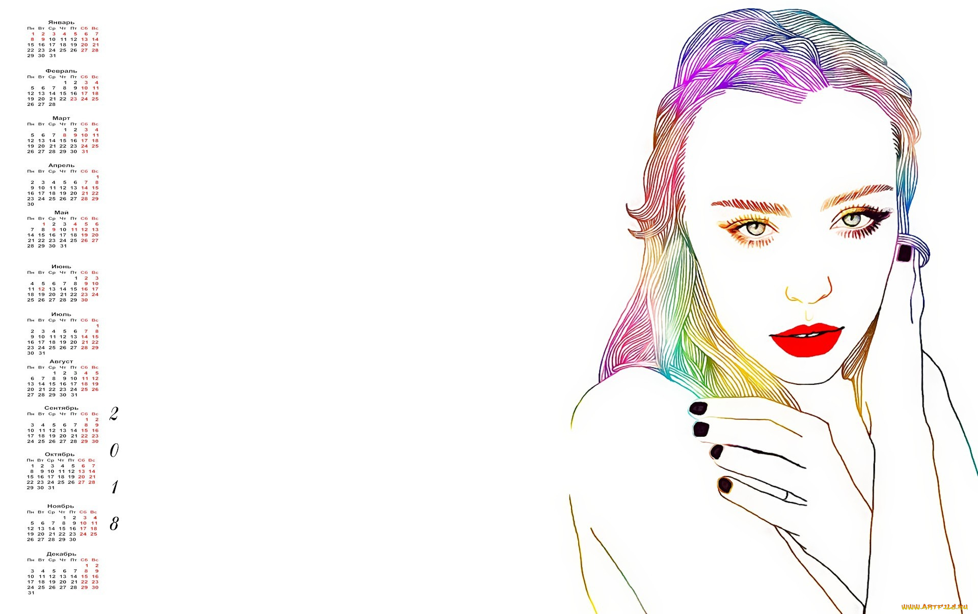 календари, рисованные, , векторная, графика, лицо, девушка, 2018, взгляд