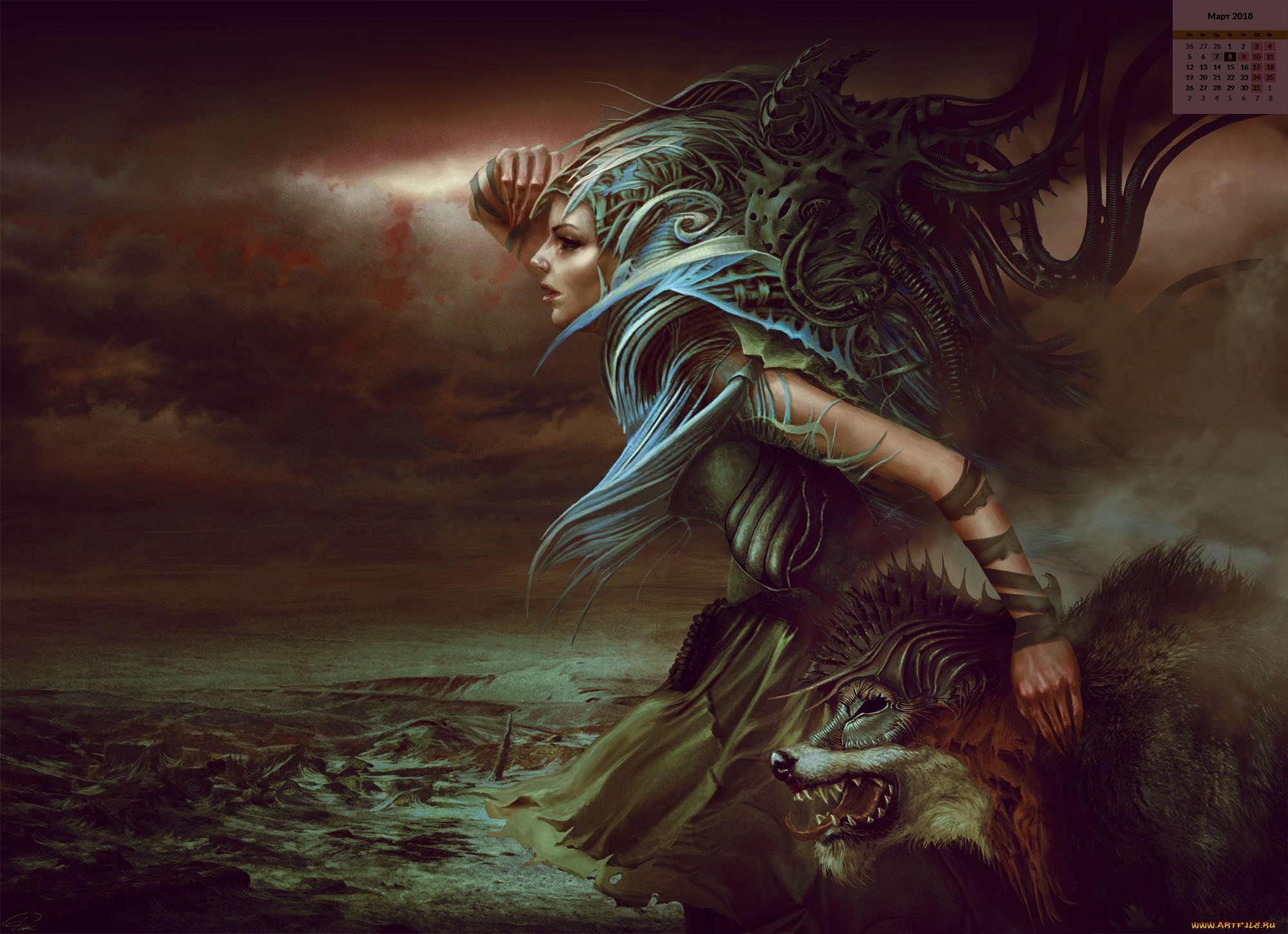 календари, фэнтези, животное, водоем, взгляд, лицо, девушка, 2018