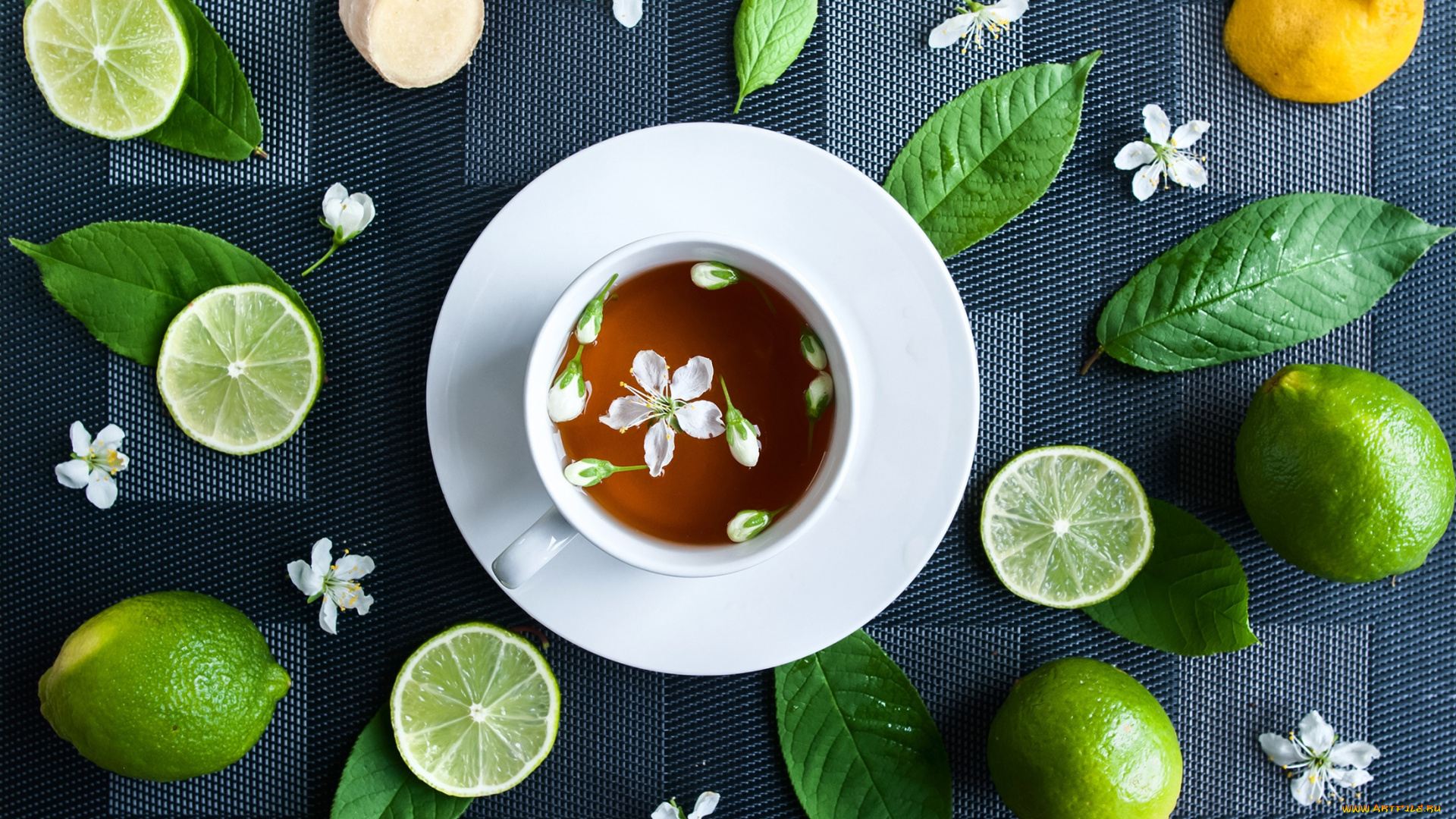 еда, напитки, , Чай, лайм, чашка, чай, лимон, цветок