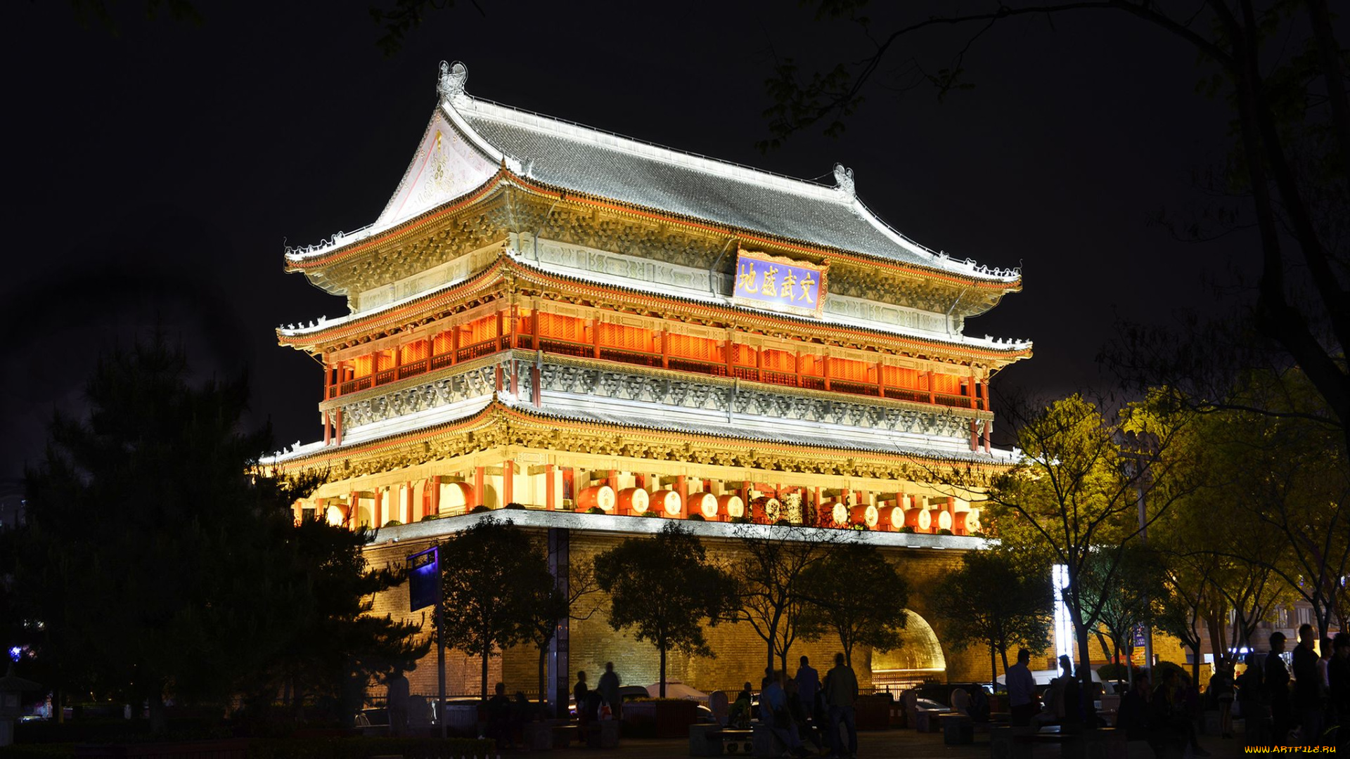 города, -, буддийские, и, другие, храмы, барабанная, китай, сиань, освещение, вечер, -, буддийские, и, другие, храмы, достопримечательности, башня
