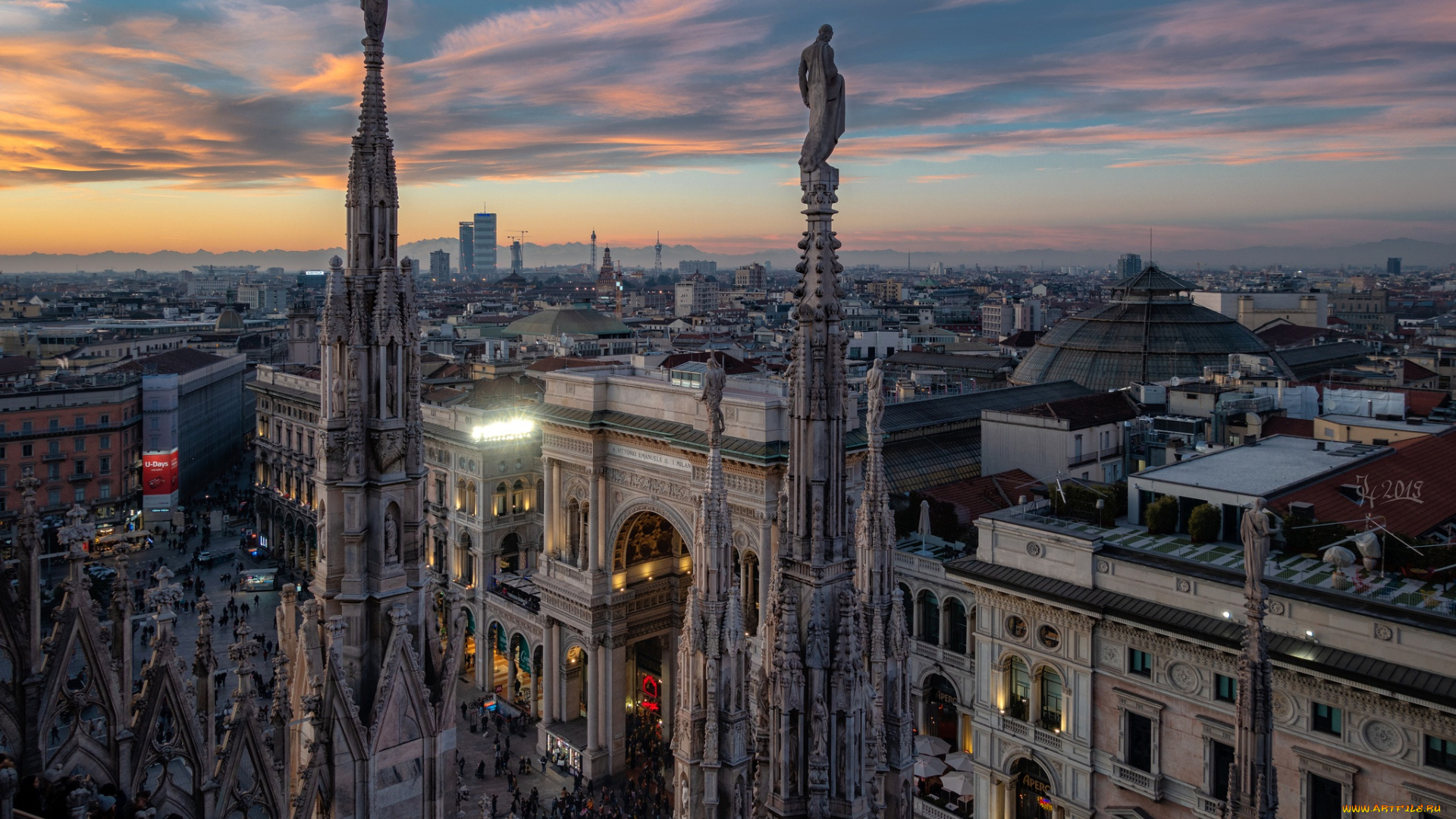 города, милан, , италия, люди, милан, огни, облака, закат, небо, здания
