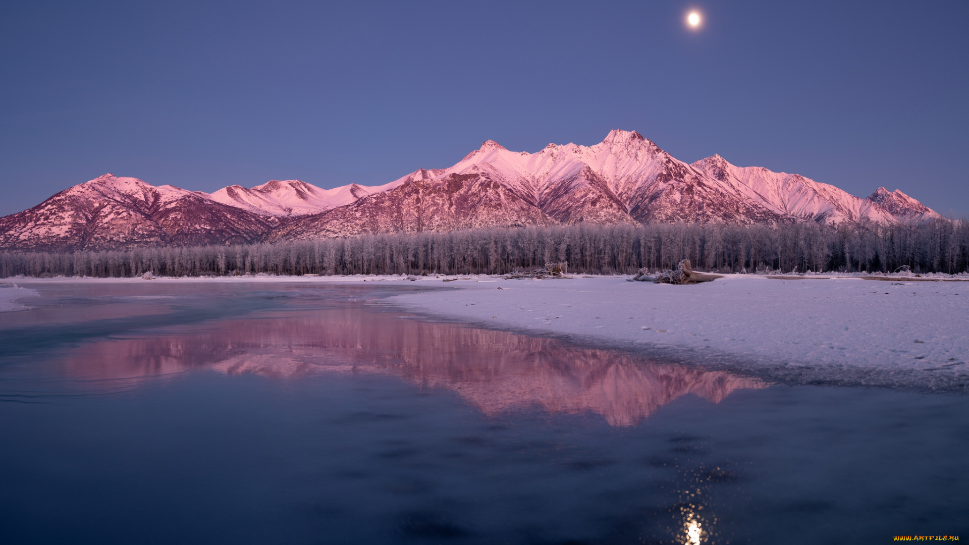 природа, реки, озера, отражение, луна, река, горы, зима, лес