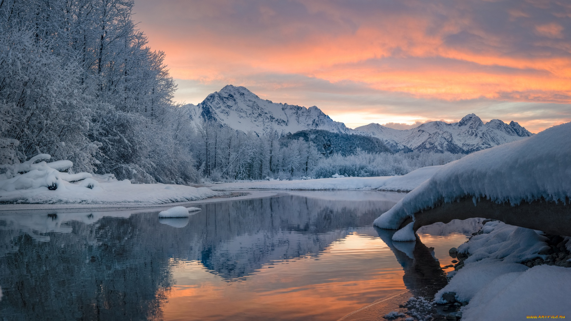 природа, реки, озера, река, отражение, горы, деревья, снег, зима