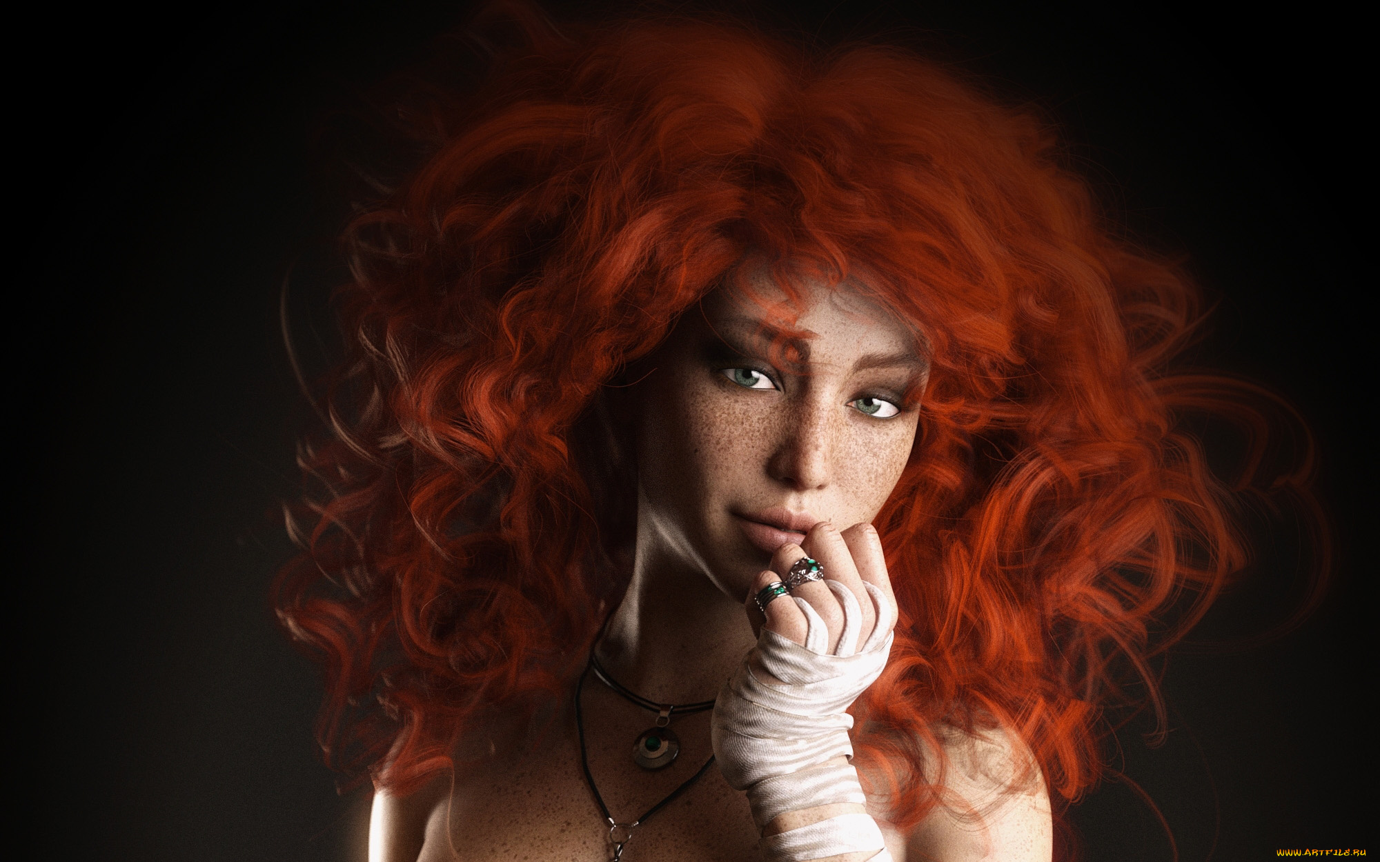 3д, графика, портрет, , portraits, рыжеволосая, девушка, перстень, амулет, веснушки