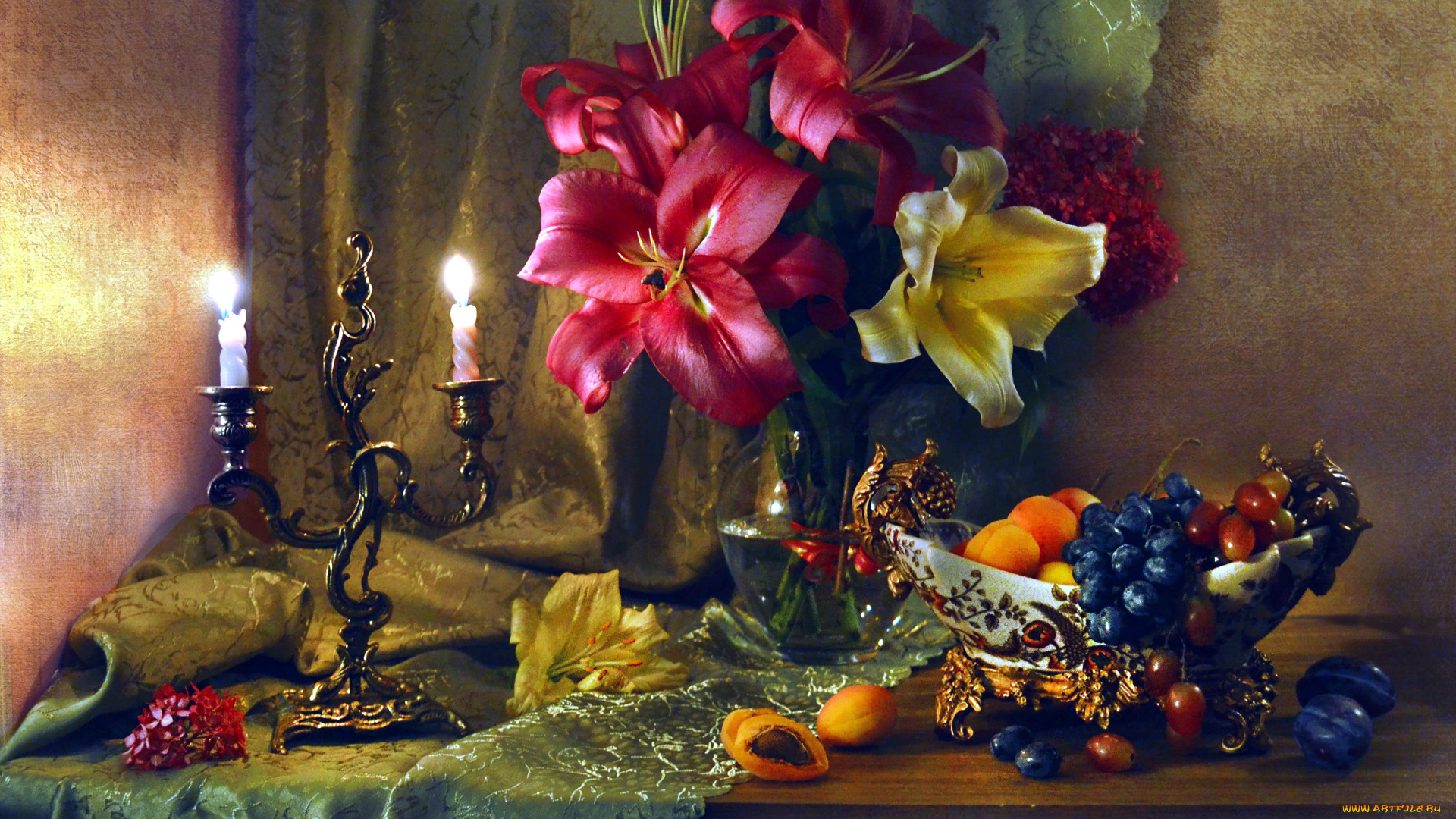 еда, натюрморт, виноград, абрикосы, сливы, свечи, букет, лилии