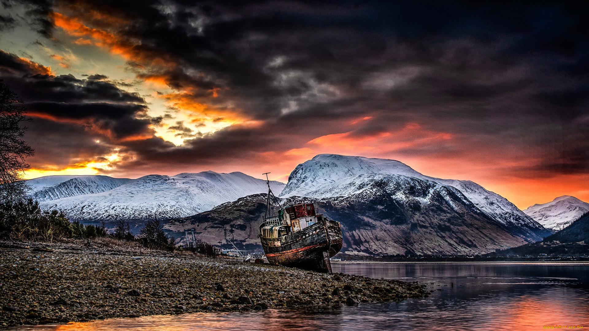 корабли, другое, небо, горы, восход, солнца, природа, берег, закат, облака, пейзаж, море, корабль