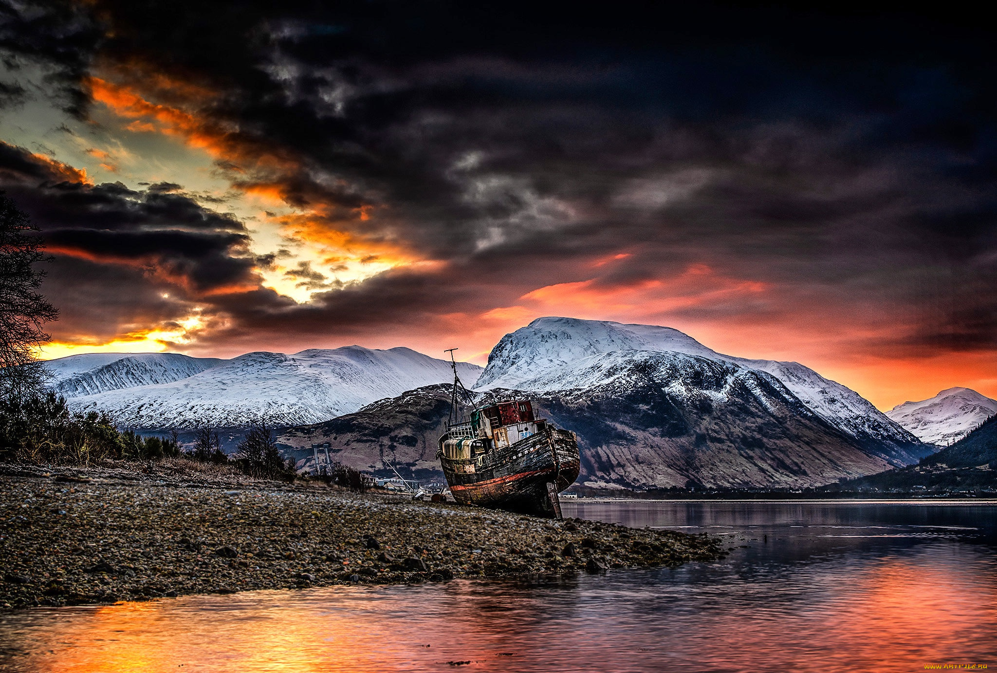 корабли, другое, небо, горы, восход, солнца, природа, берег, закат, облака, пейзаж, море, корабль