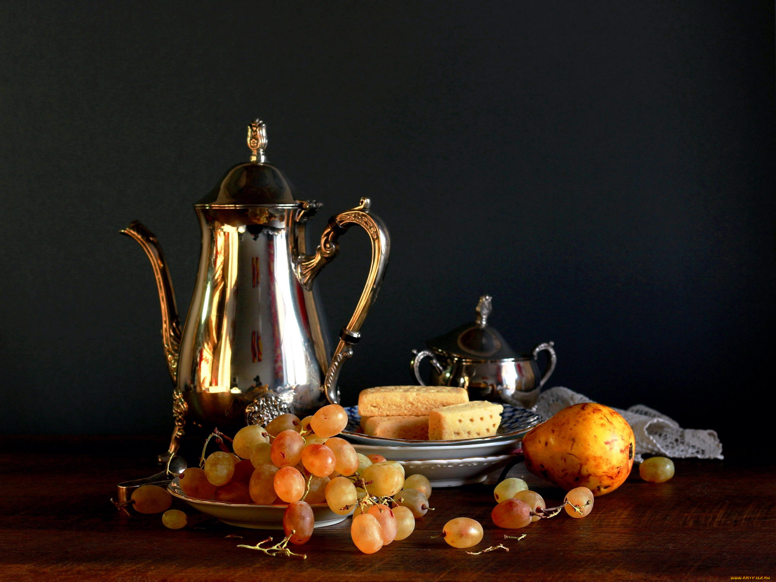 еда, разное, кофейник, сыр, виноград, груша
