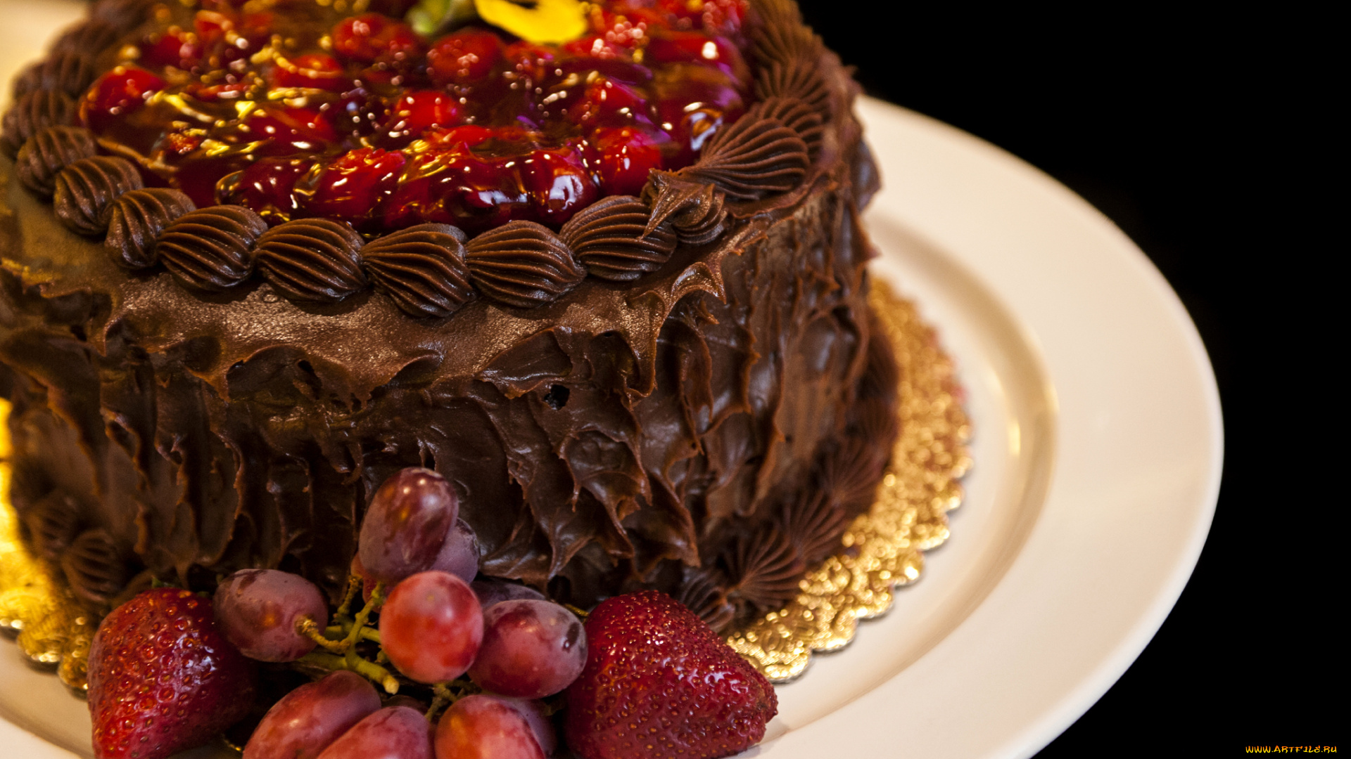 еда, торты, шоколадный, торт, крем, клубника, виноград