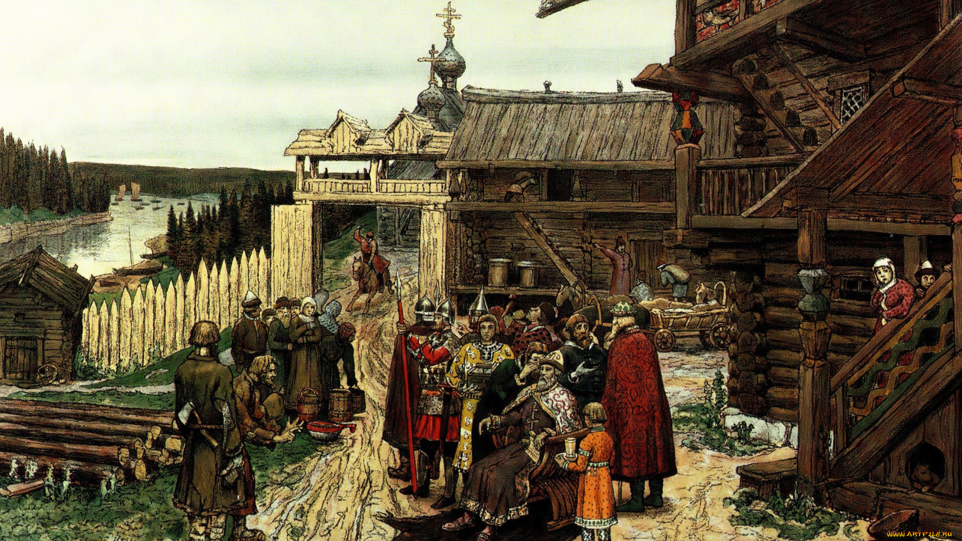 двор, удельного, князя, рисованное, аполлинарий, васнецов, люди, князь, дома