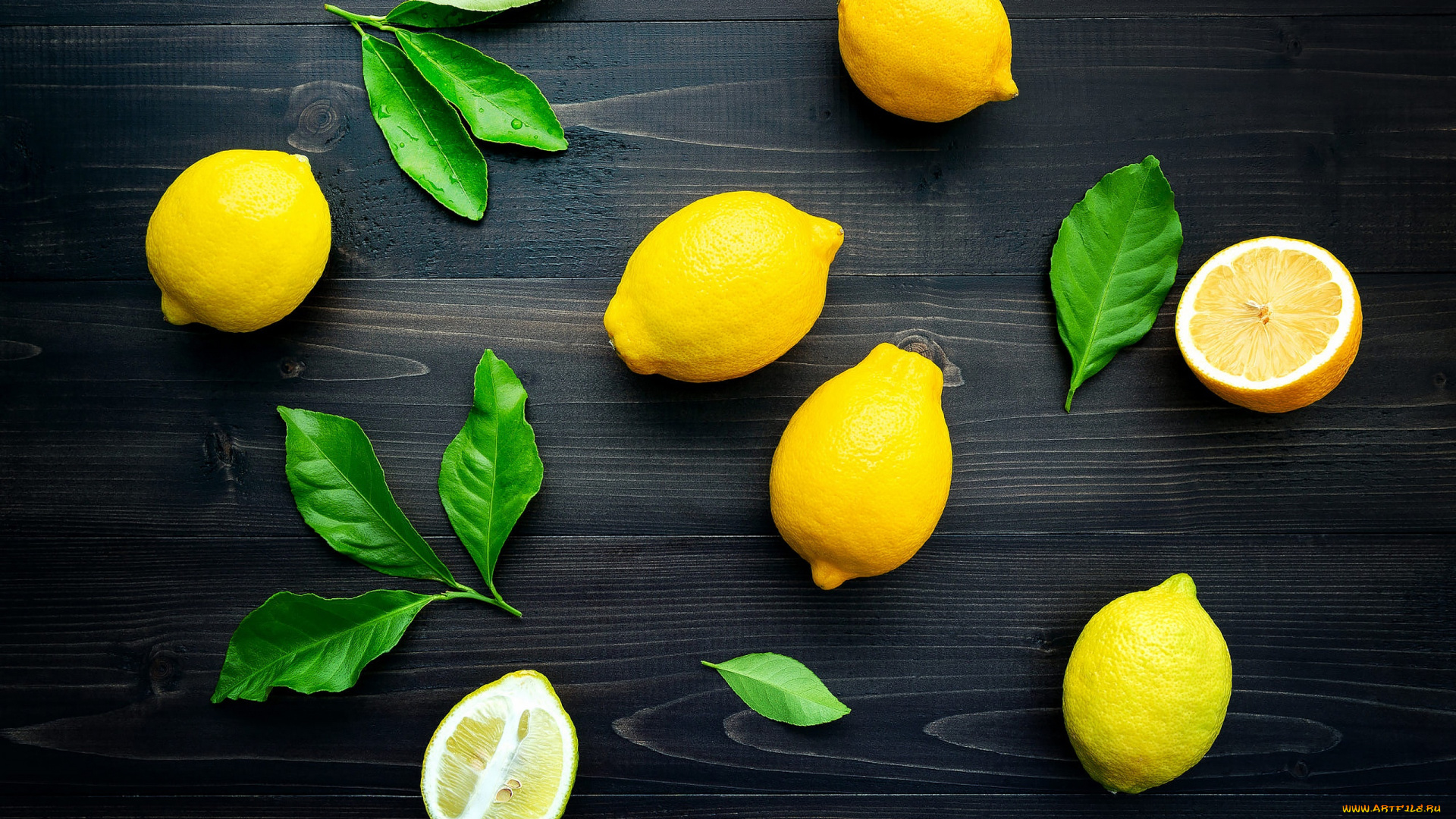 еда, цитрусы, листья, темный, фон, доски, фрукты, лимоны