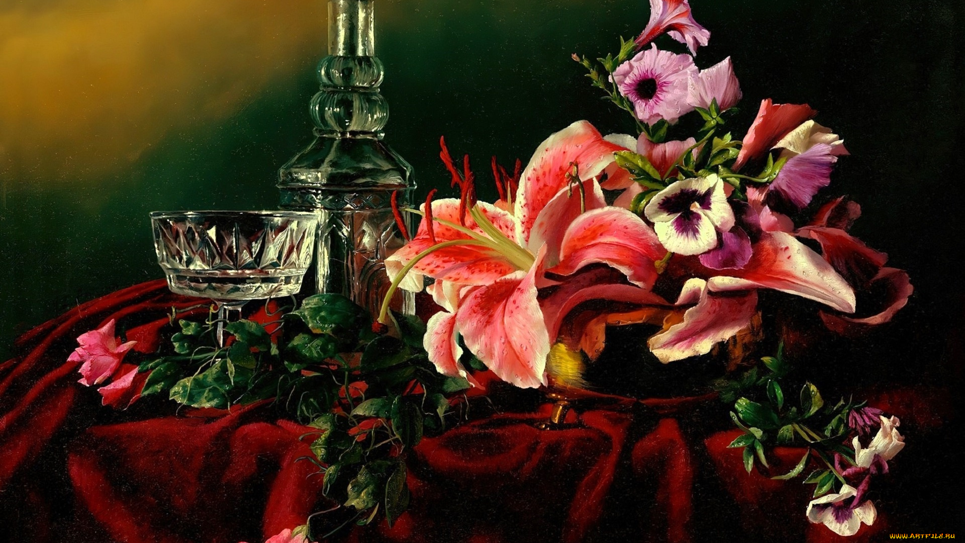 рисованное, алексей, антонов, натюрморт, цветы, графин