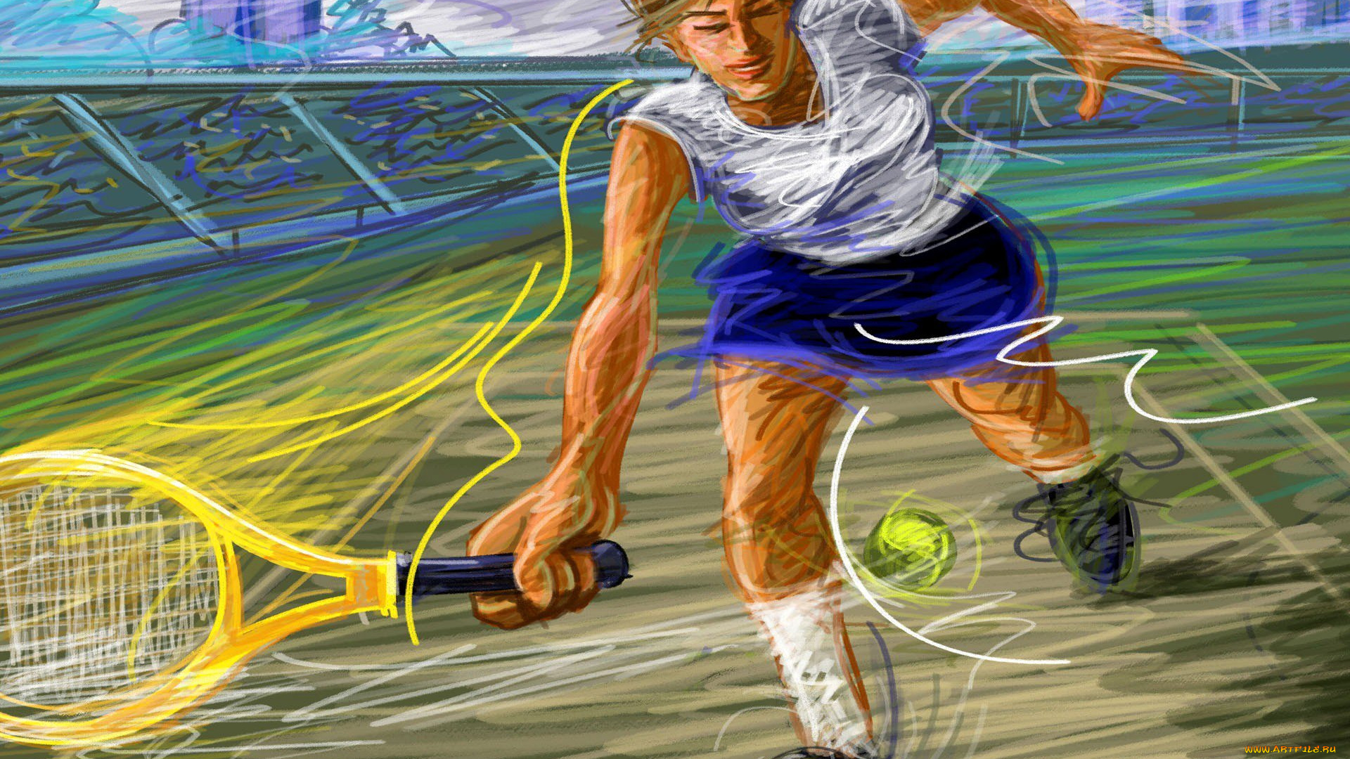 рисованное, люди, девушка, теннис