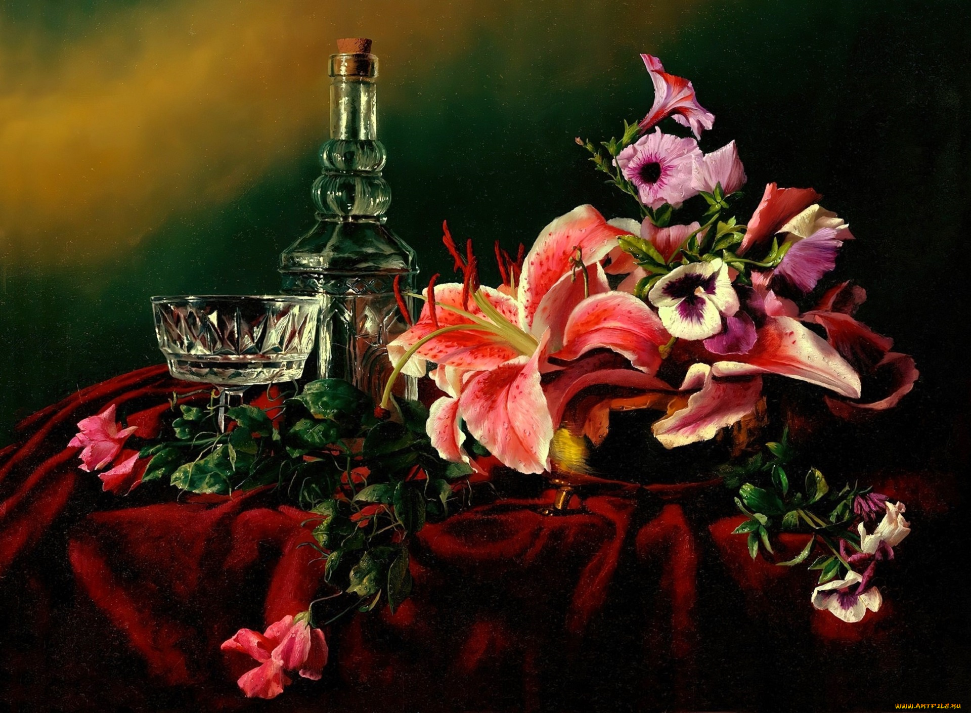 рисованное, алексей, антонов, натюрморт, цветы, графин
