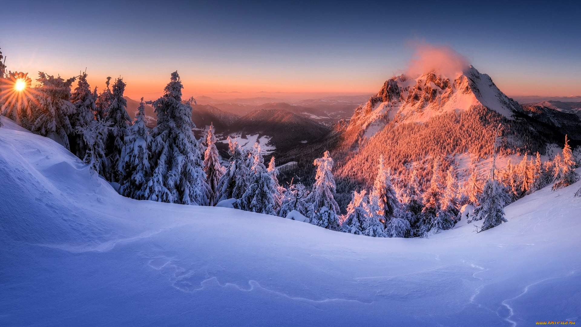 природа, горы, зима, снег, лес