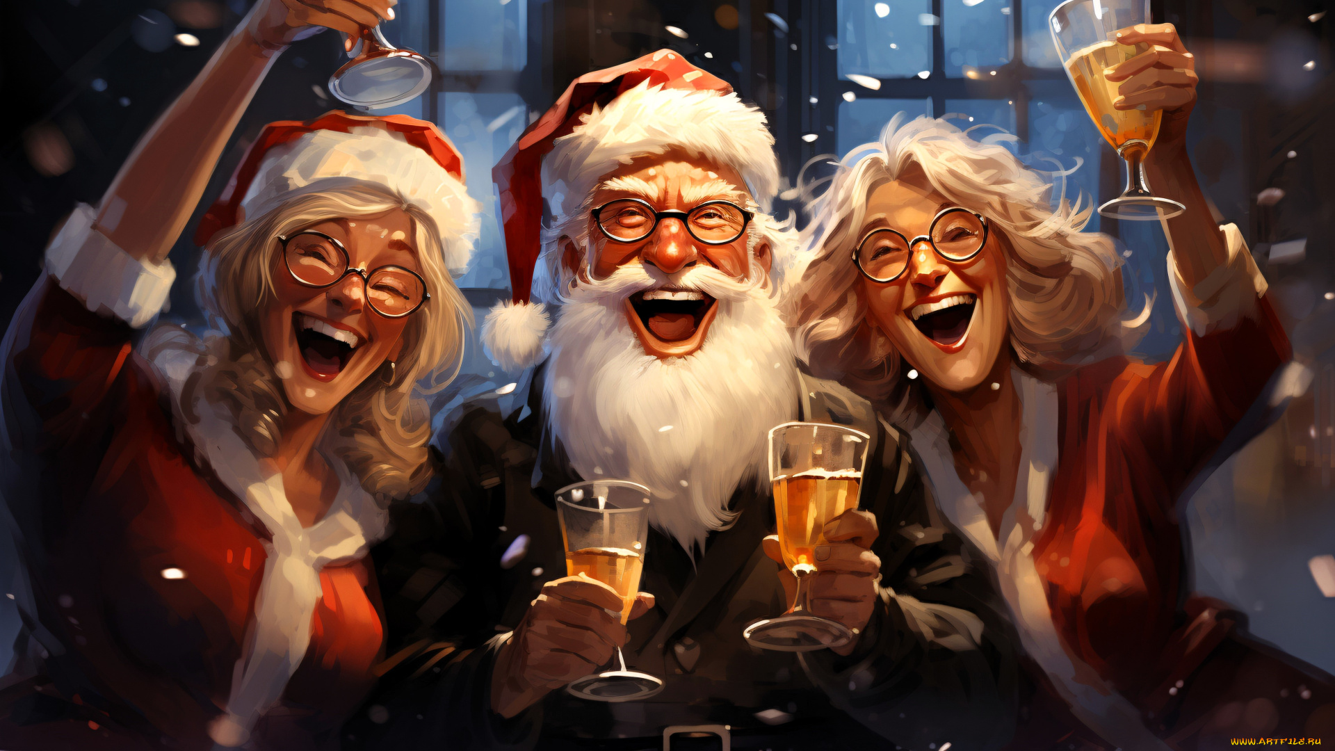 рисованное, праздники, люди, костюмы, новый, год, радость, бокалы, шампанское