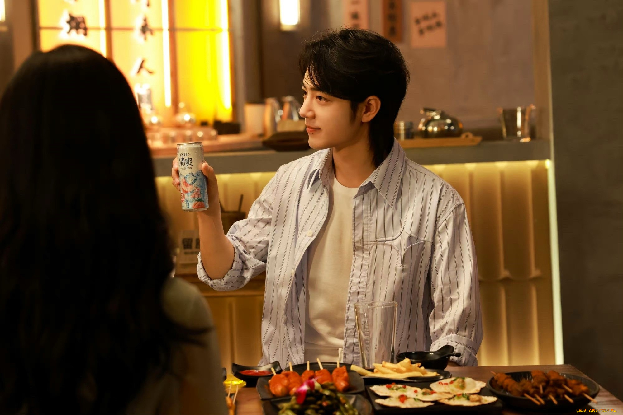 мужчины, xiao, zhan, актер, рубашка, банка, еда, вечеринка