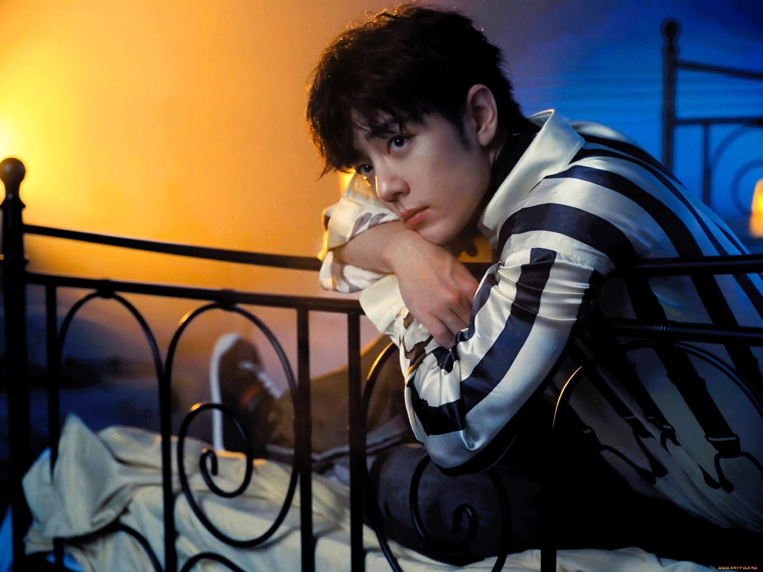 мужчины, xiao, zhan, актер, рубашка, полоски, кровать