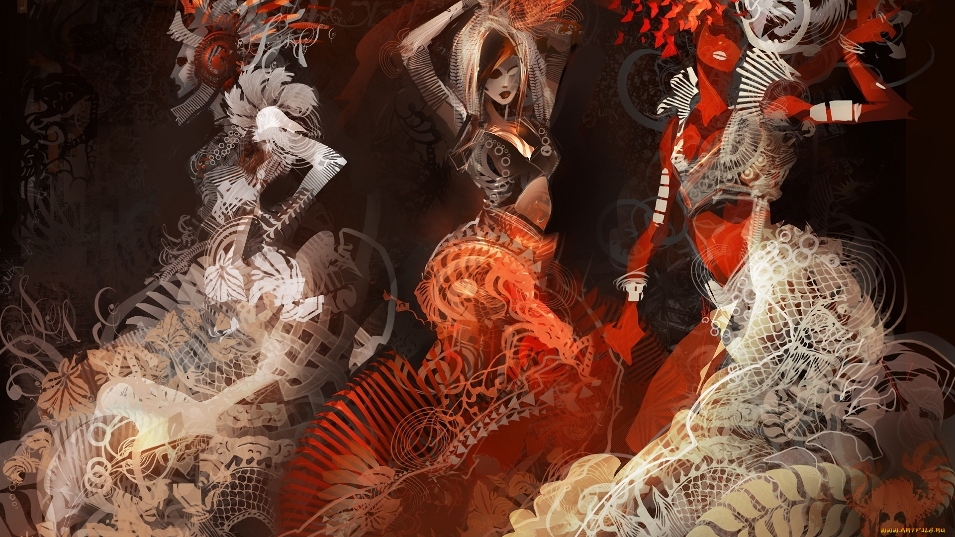 векторная, графика, узоры, девушки, завитки, цветы, фон