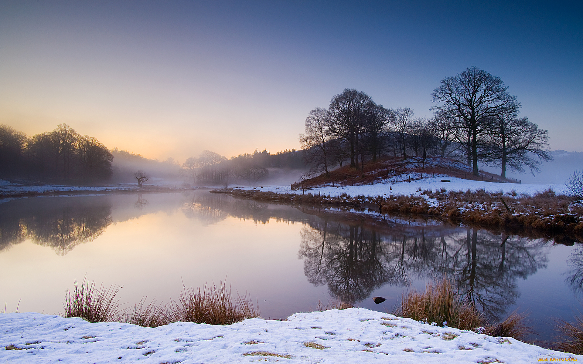 природа, реки, озера, река, берег, деревья, зима, снег, утро