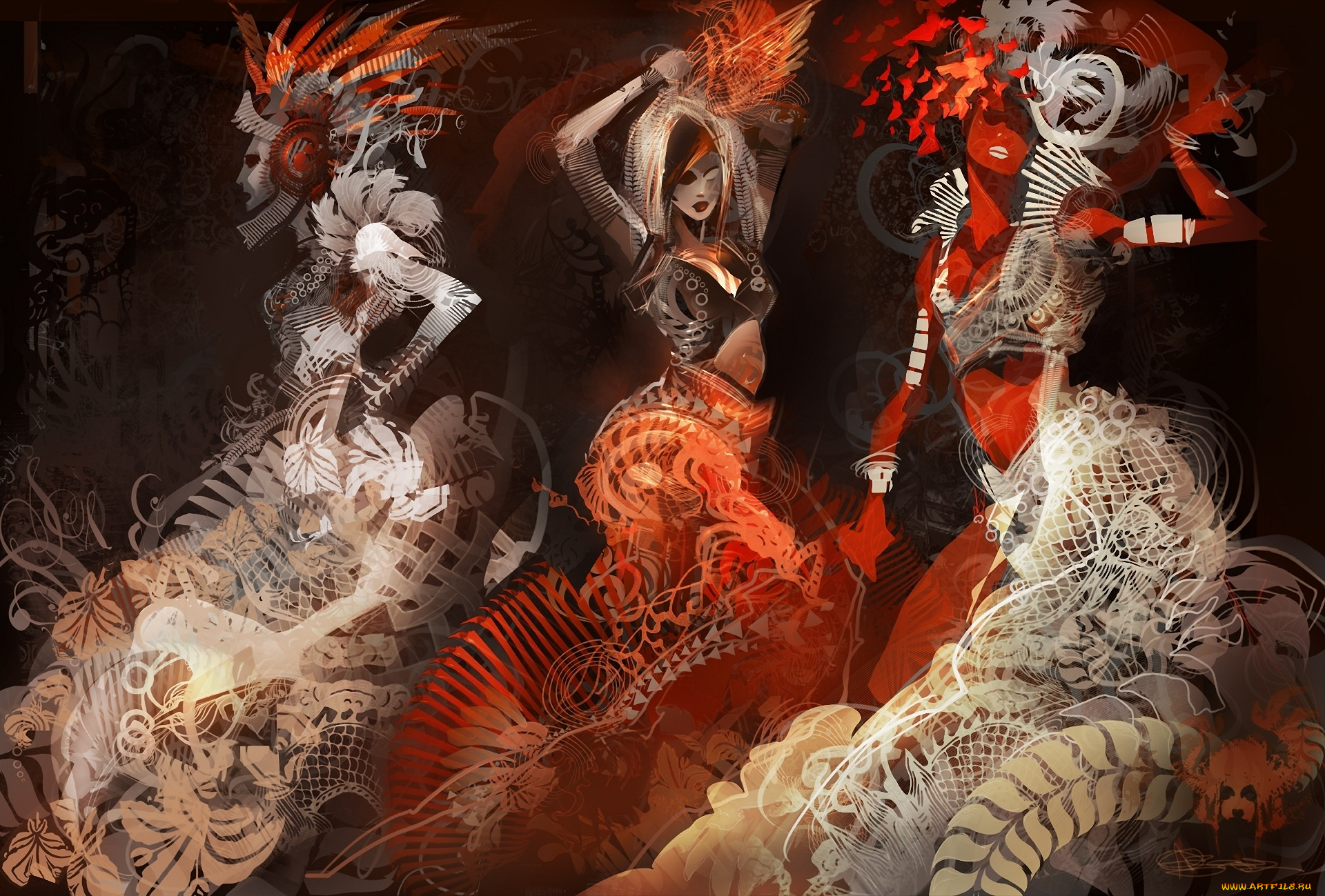 векторная, графика, узоры, девушки, завитки, цветы, фон