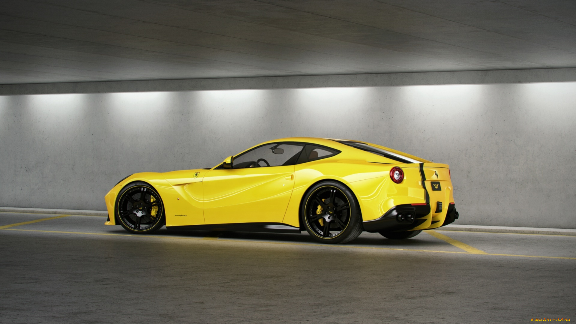 автомобили, ferrari, ф12, берлинетта, феррари, yellow, чёрные, диски, профиль, жёлтый, f12, berlinetta