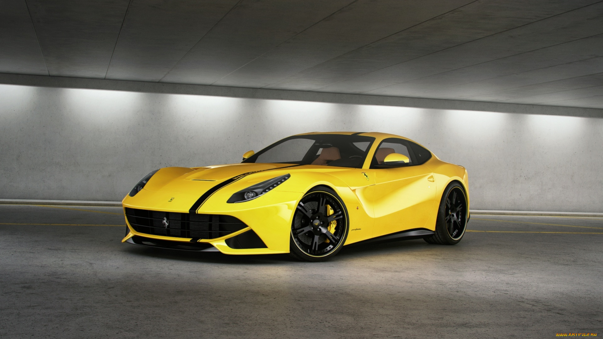 автомобили, ferrari, парковка, чёрная, полоса, вид, спереди, f12, berlinetta, yellow, берилинетта, жёлтый