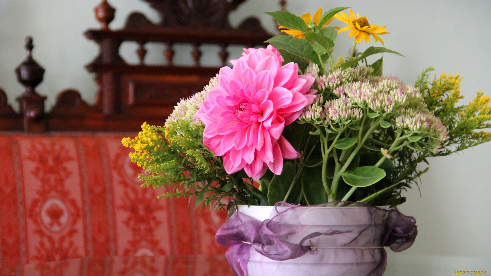 цветы, букеты, композиции, букет, лента, георгин, каланхоэ