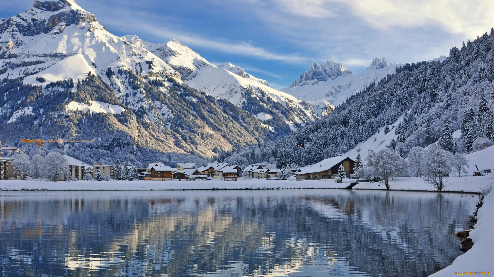 engelberg, switzerland, города, пейзажи, энгельберг, водоём, зима, горы, швейцария