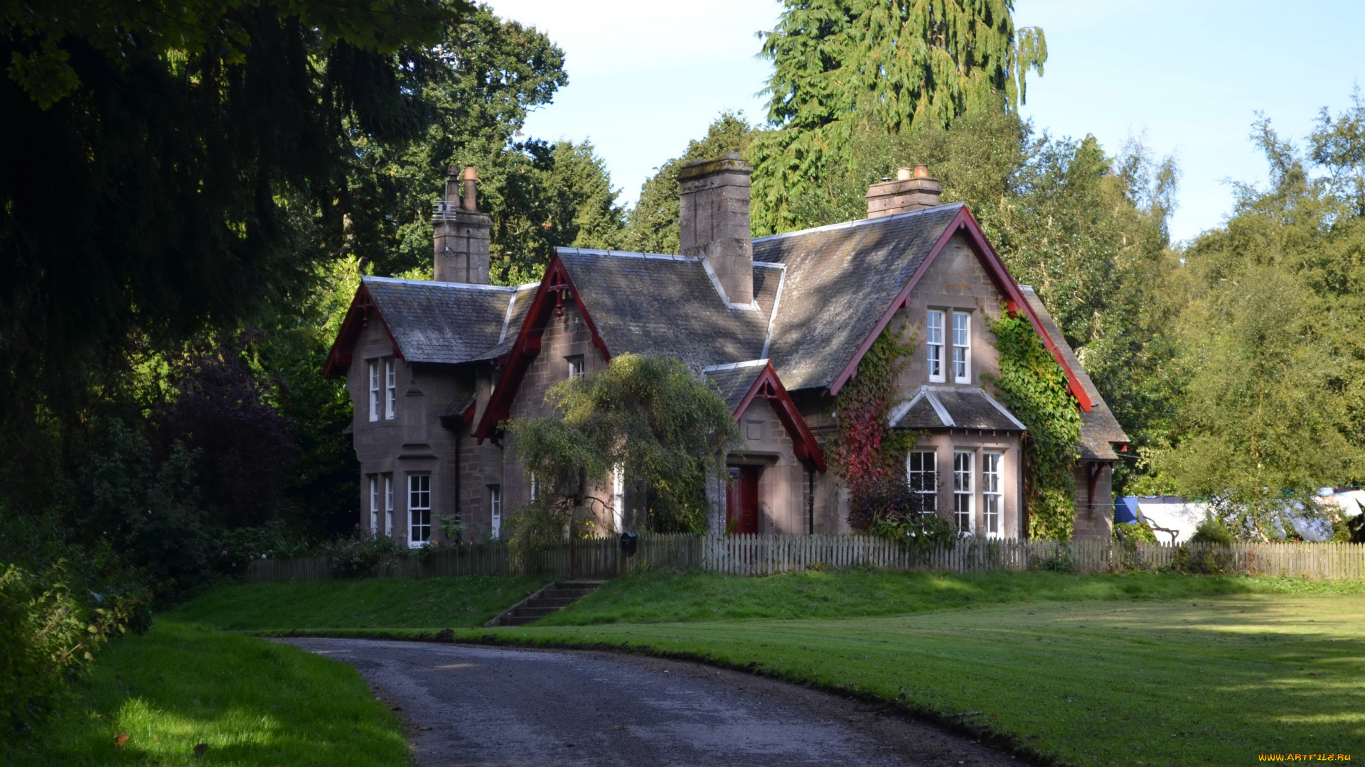 glamis, scotland, города, здания, дома, дом, дорога, деревья
