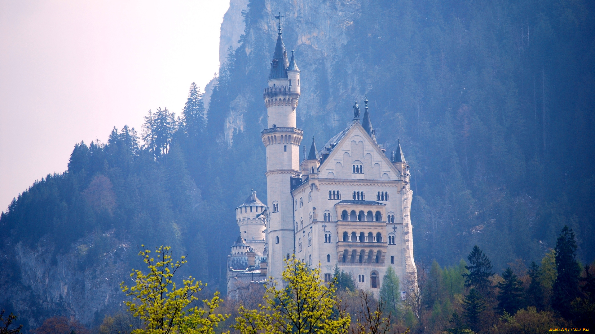 города, замок, нойшванштайн, германия, туман, горы