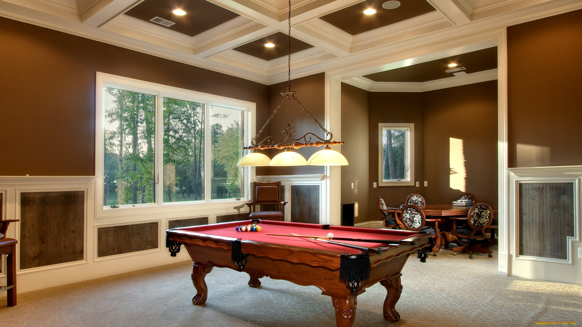 интерьер, бильярдная, стол, лампа, окно