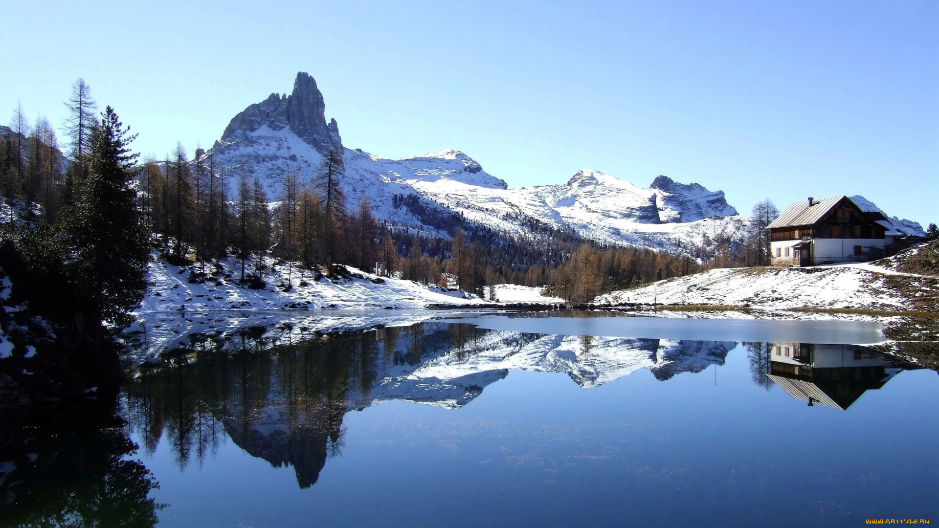 природа, реки, озера, снег, озеро, лес, домик, горы