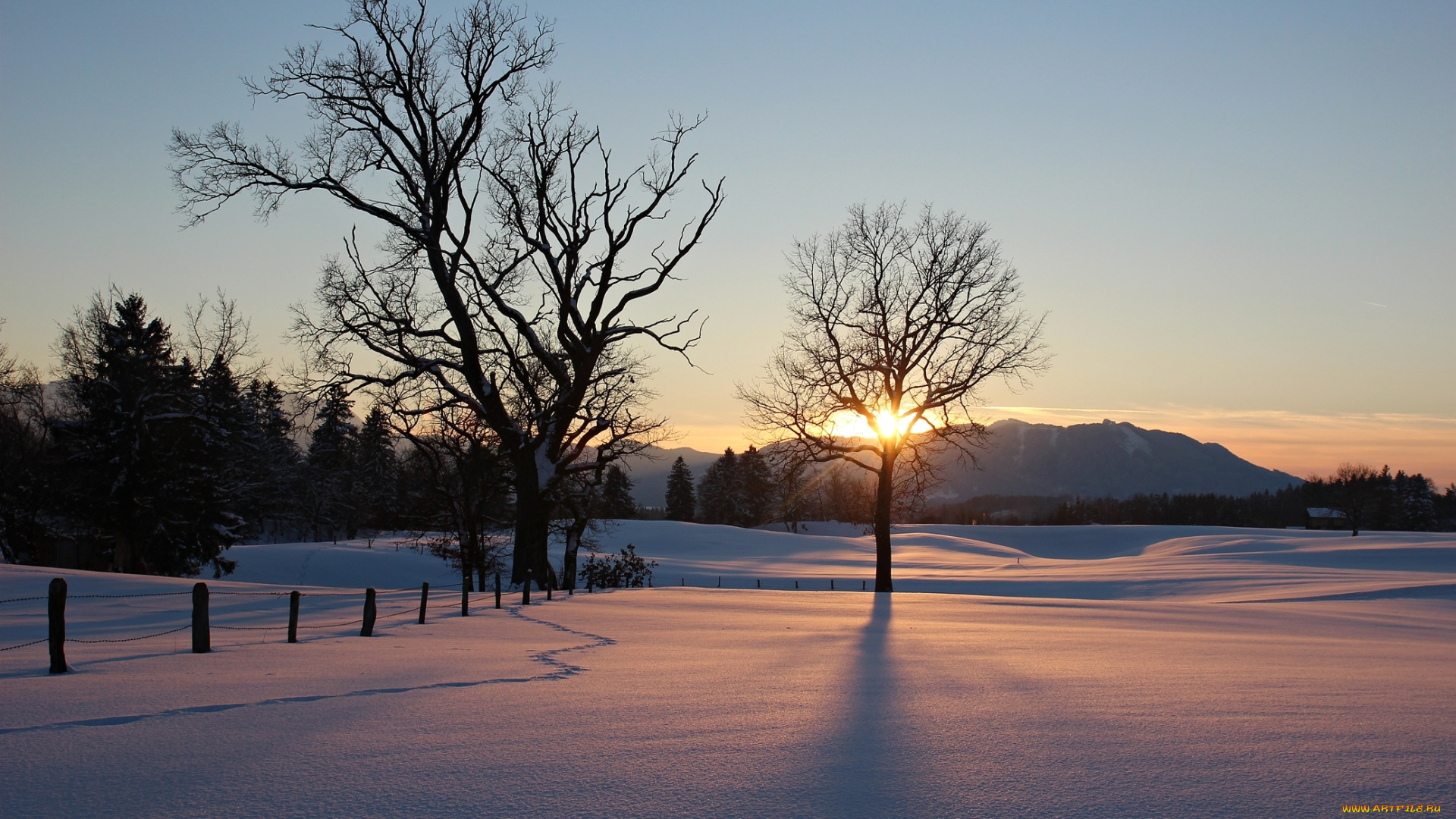природа, восходы, закаты, закат, зима, поле, небо