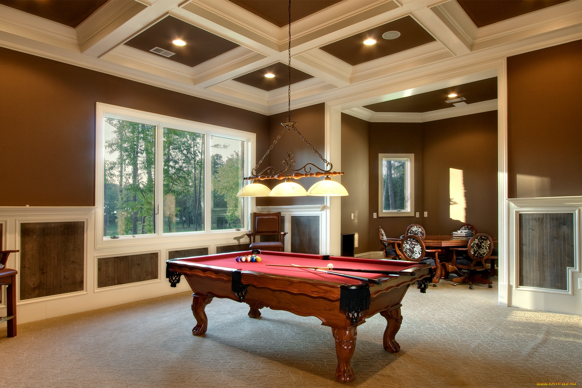 интерьер, бильярдная, стол, лампа, окно