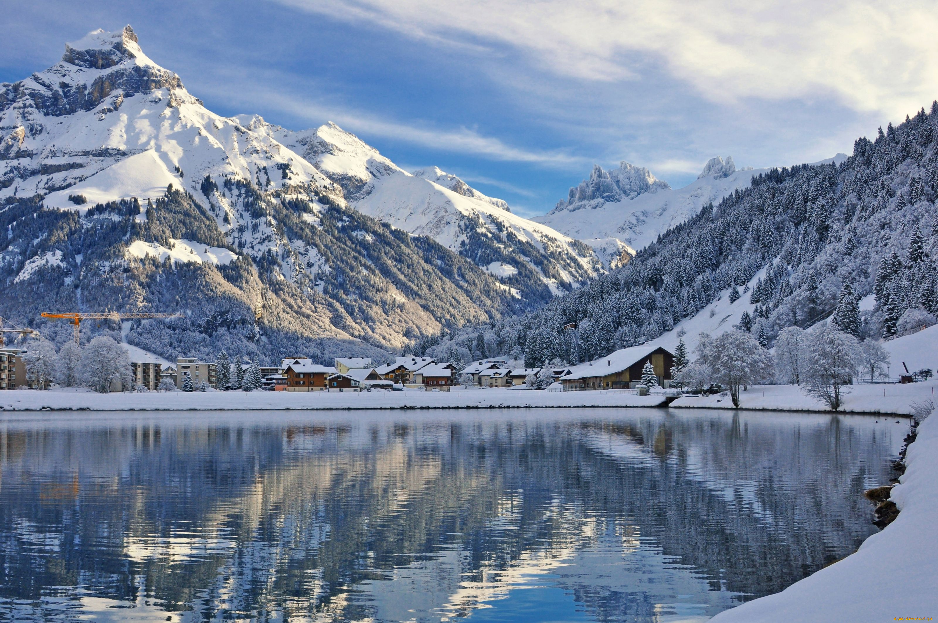 engelberg, switzerland, города, пейзажи, энгельберг, водоём, зима, горы, швейцария
