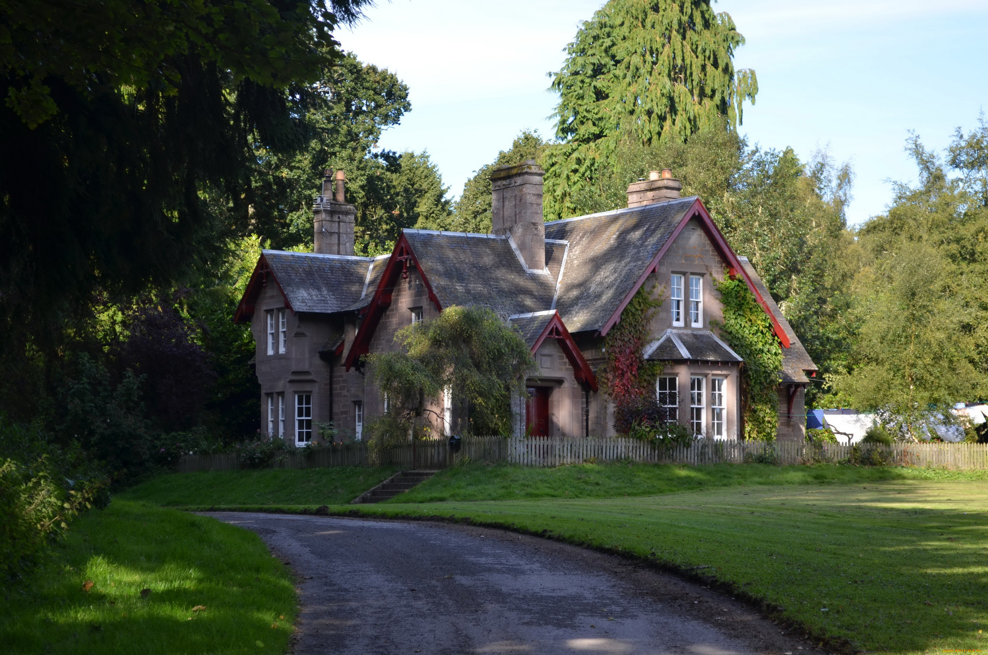 glamis, scotland, города, здания, дома, дом, дорога, деревья