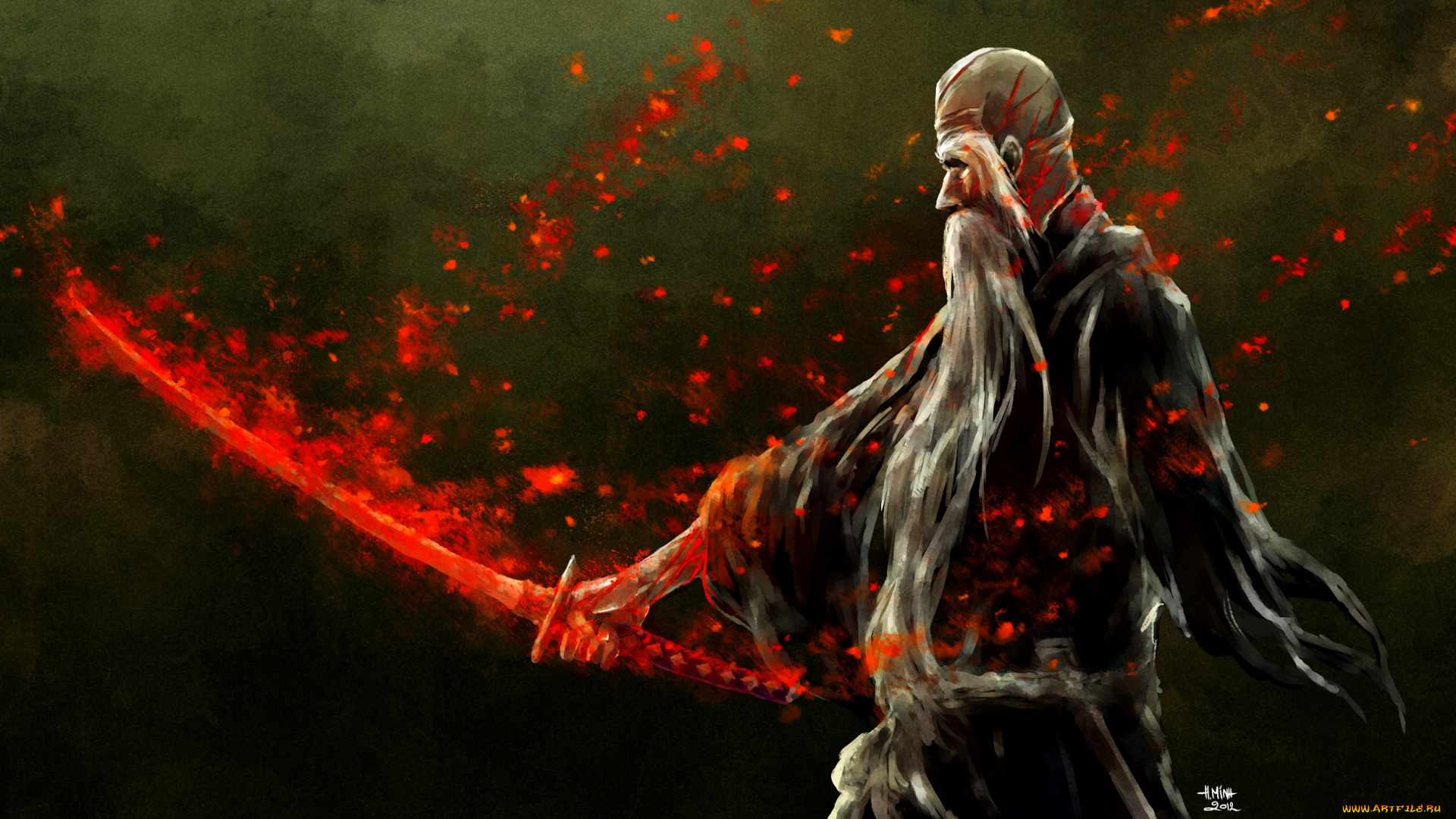 аниме, bleach, огонь, главный, меч, старик, блич, арт