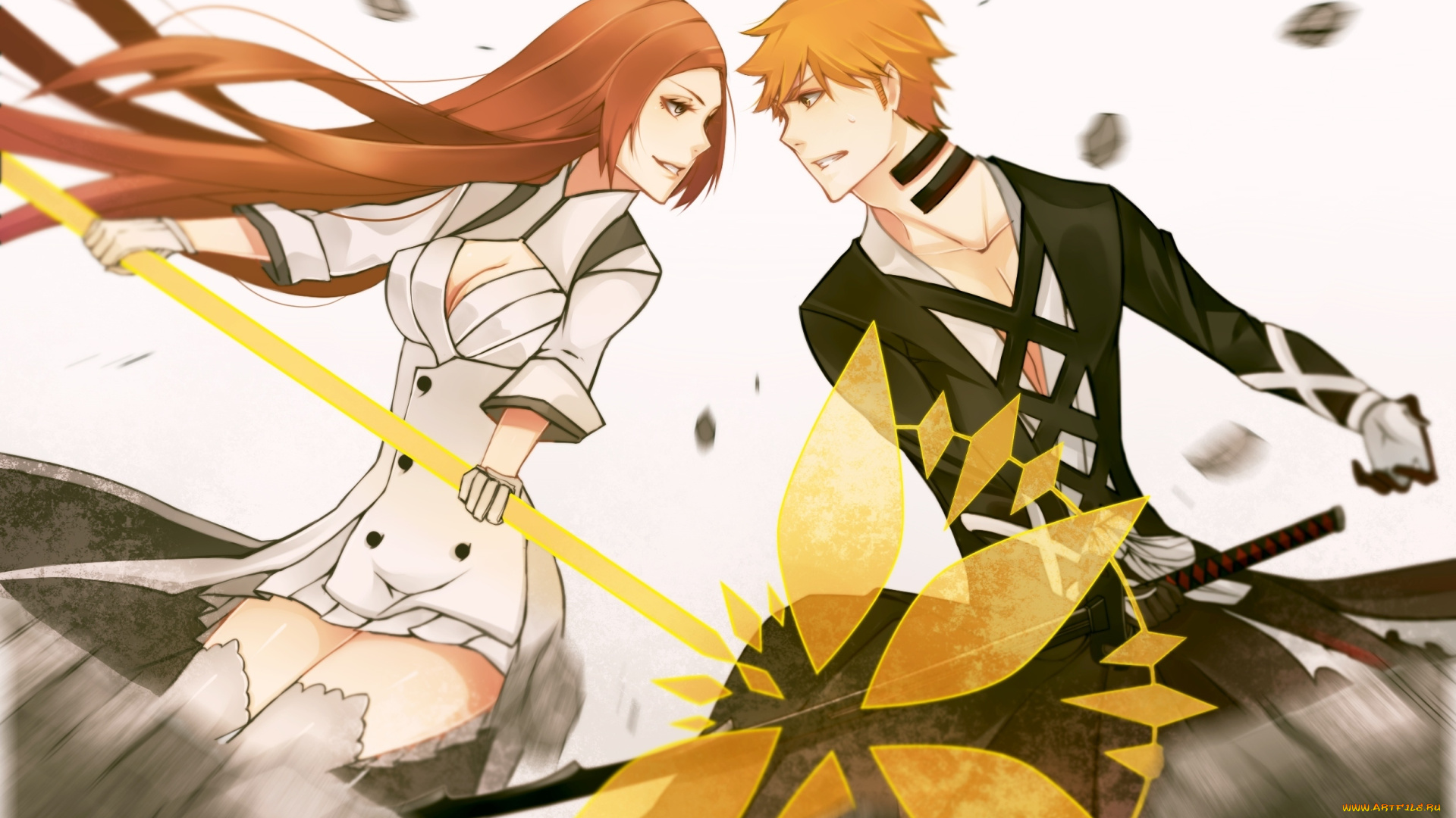 аниме, bleach, оружие, девушка, ичиго, парень, белый, фон, бой, рыжие, орихиме