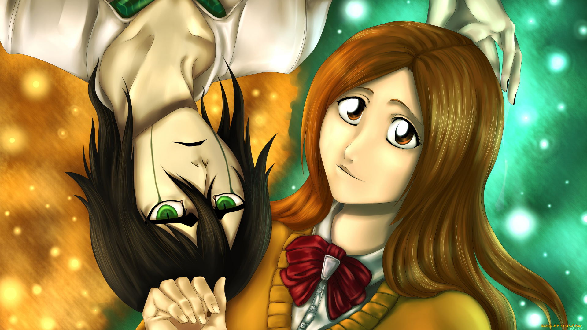 аниме, bleach, улькиорра, орихиме, рыжая, брюнет, девушка, парень, блич