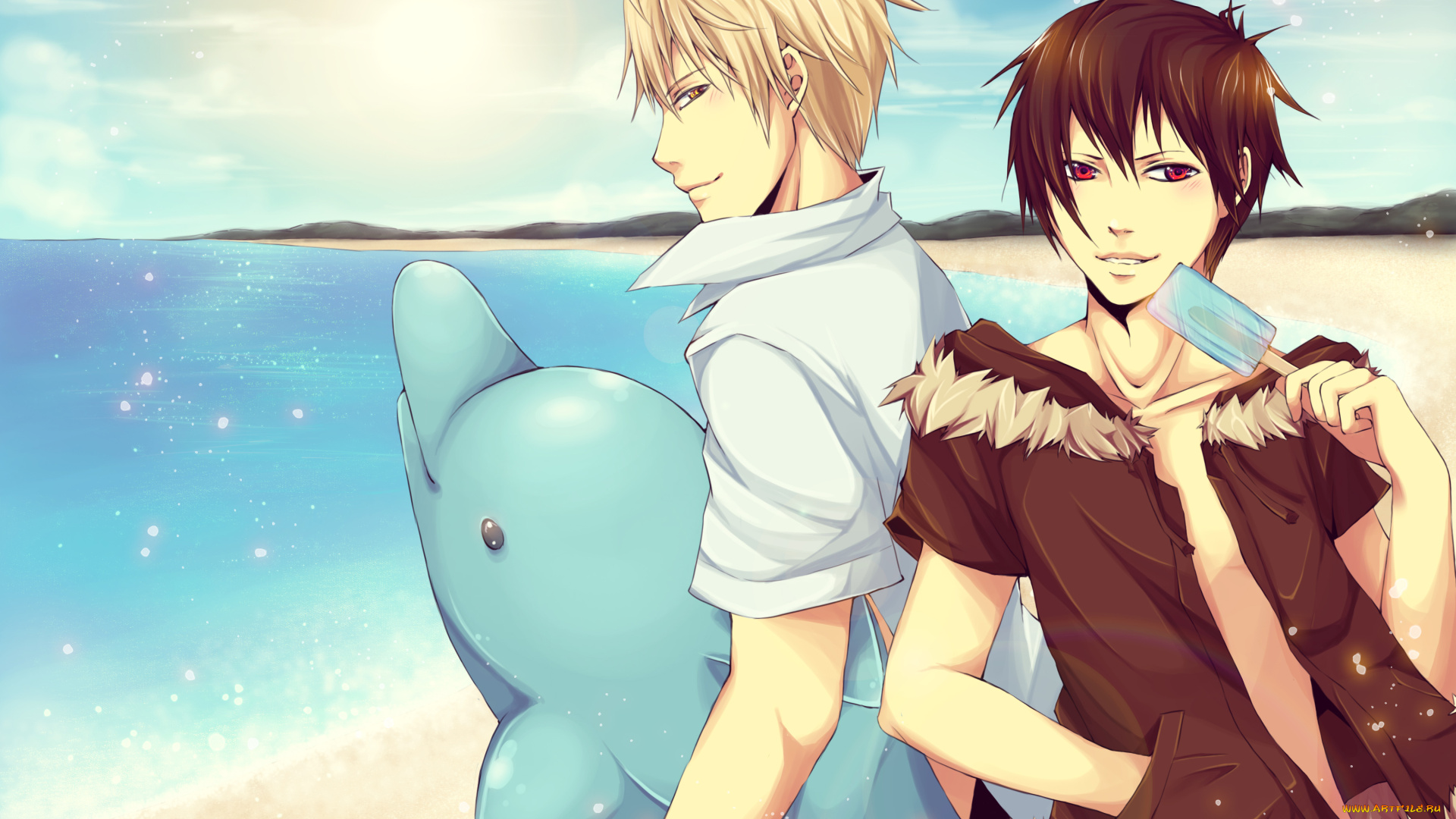 аниме, dyurarara, солнце, шизуо, парни, пляж, море, изая, песок, дюрарара, дельфин