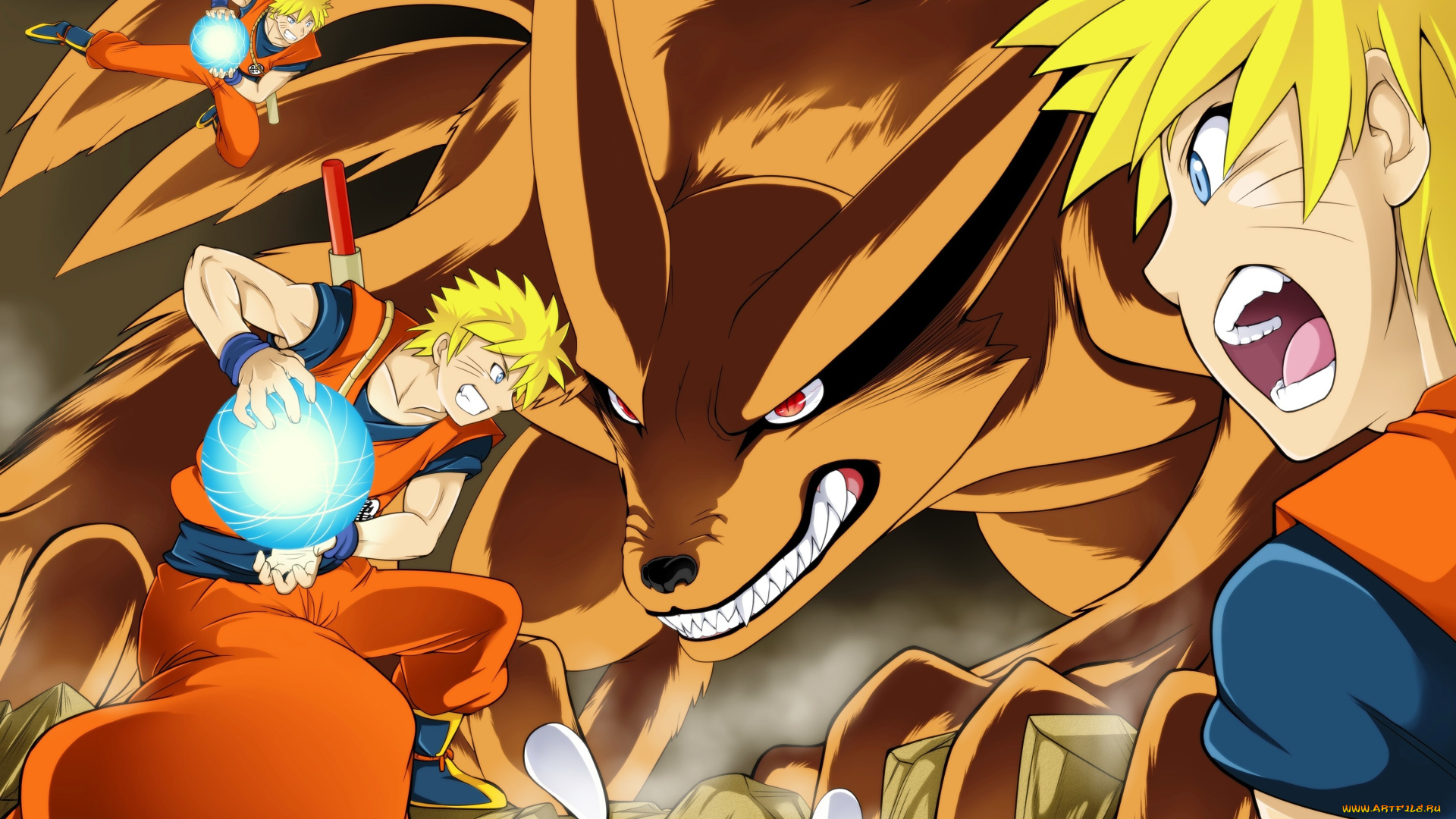 аниме, naruto, наруто, кьюби, разенган, бой, клоны