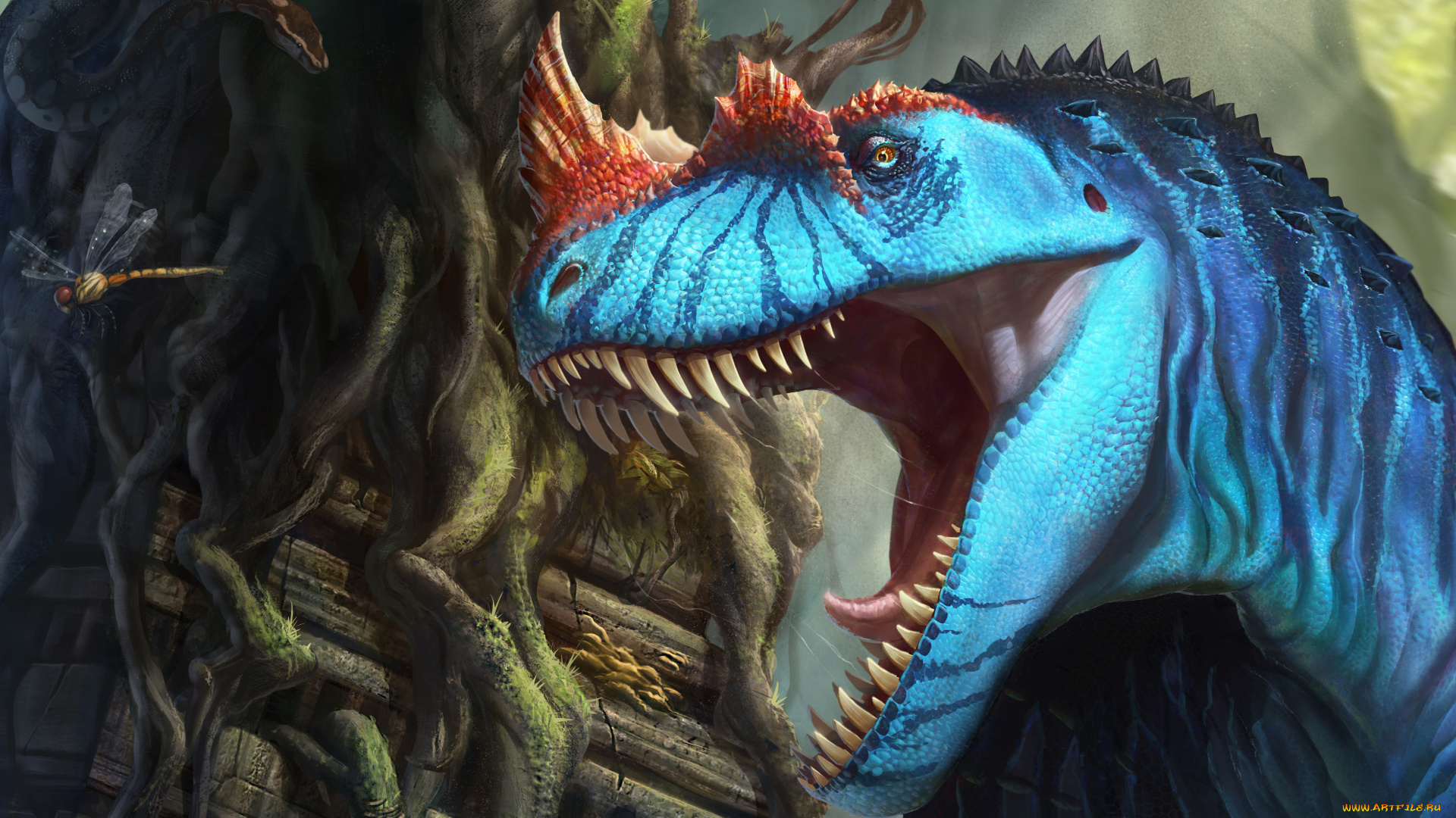 динозавр, фэнтези, существа, джунгли, стрекоза, змея