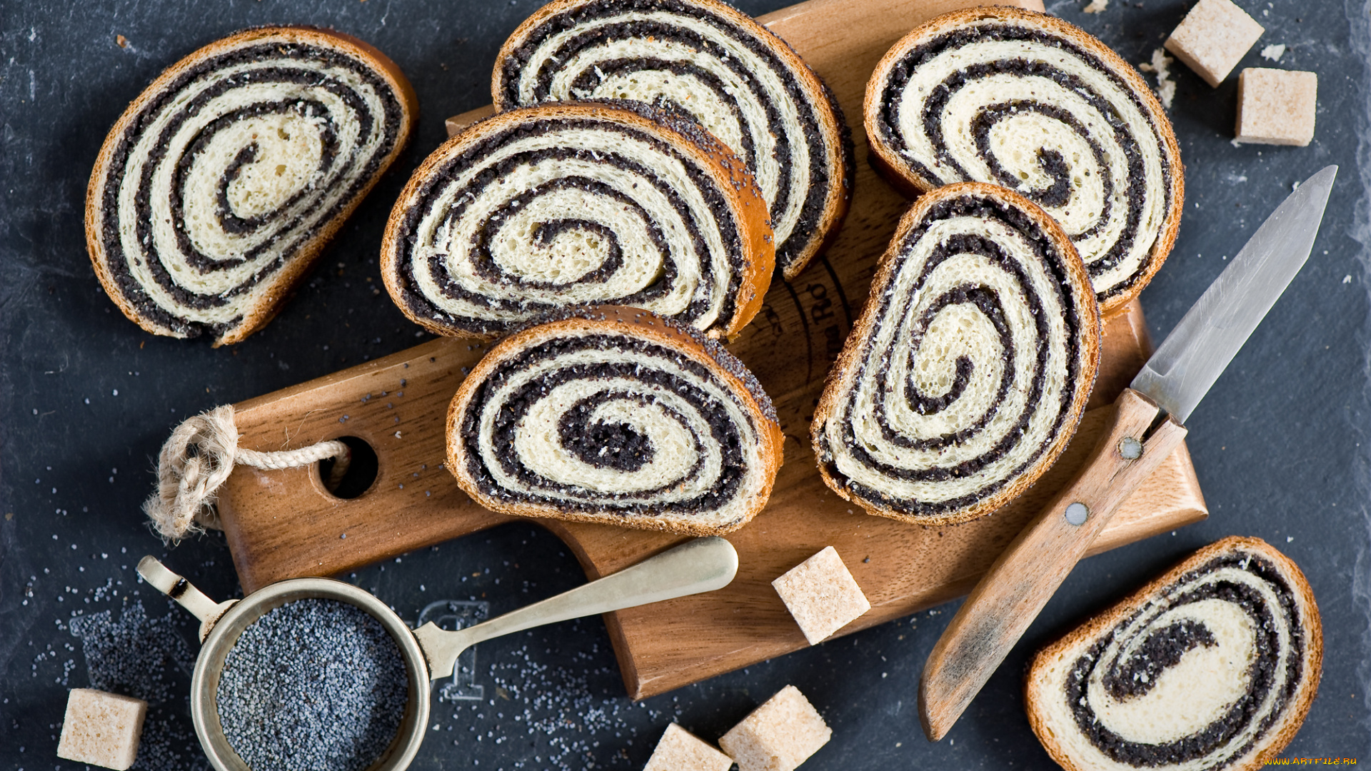 еда, хлеб, , выпечка, нож, сахар, мак, булка