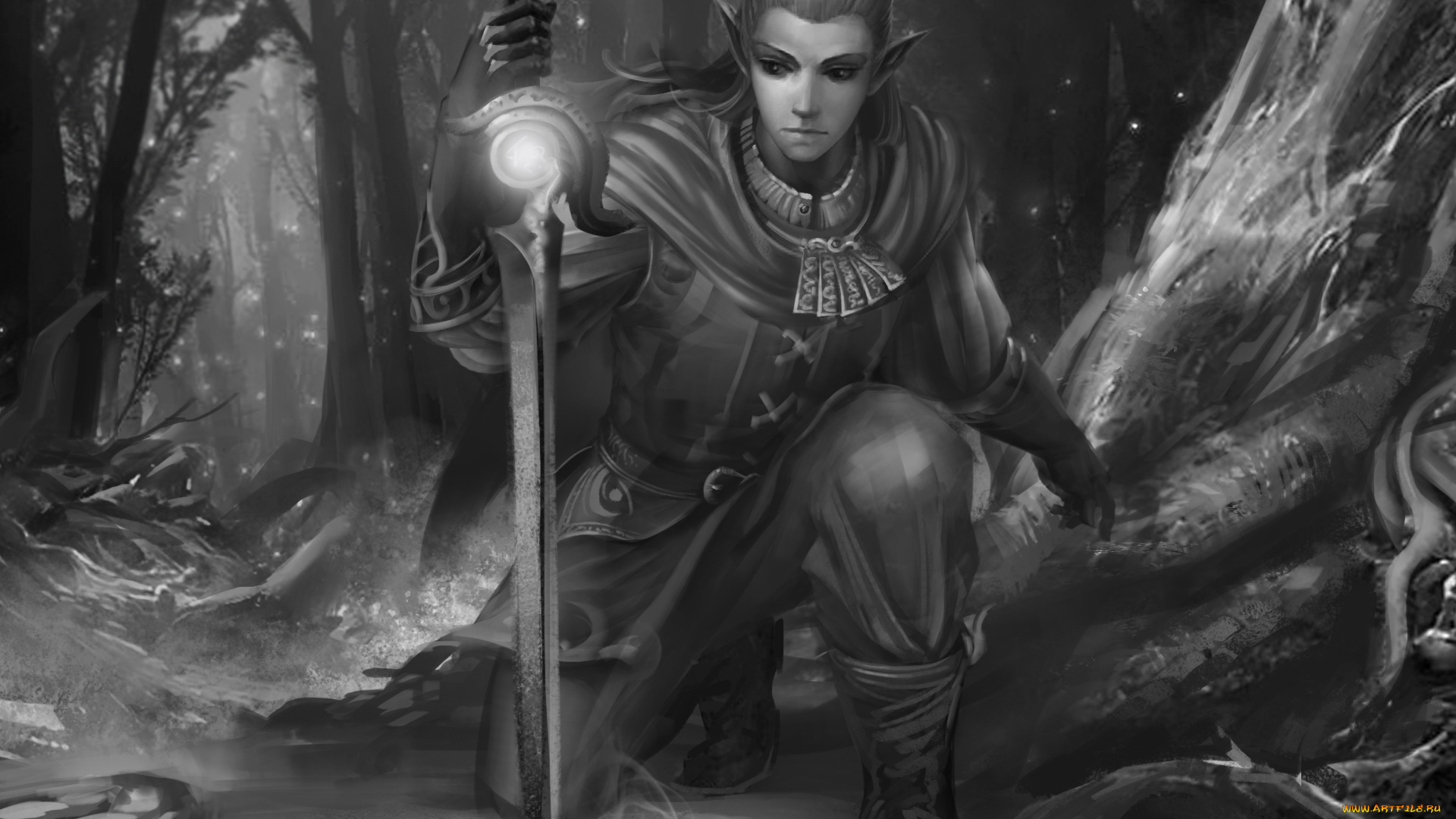фэнтези, эльфы, эльф, воин, парень, чёрно-белая, меч, лес