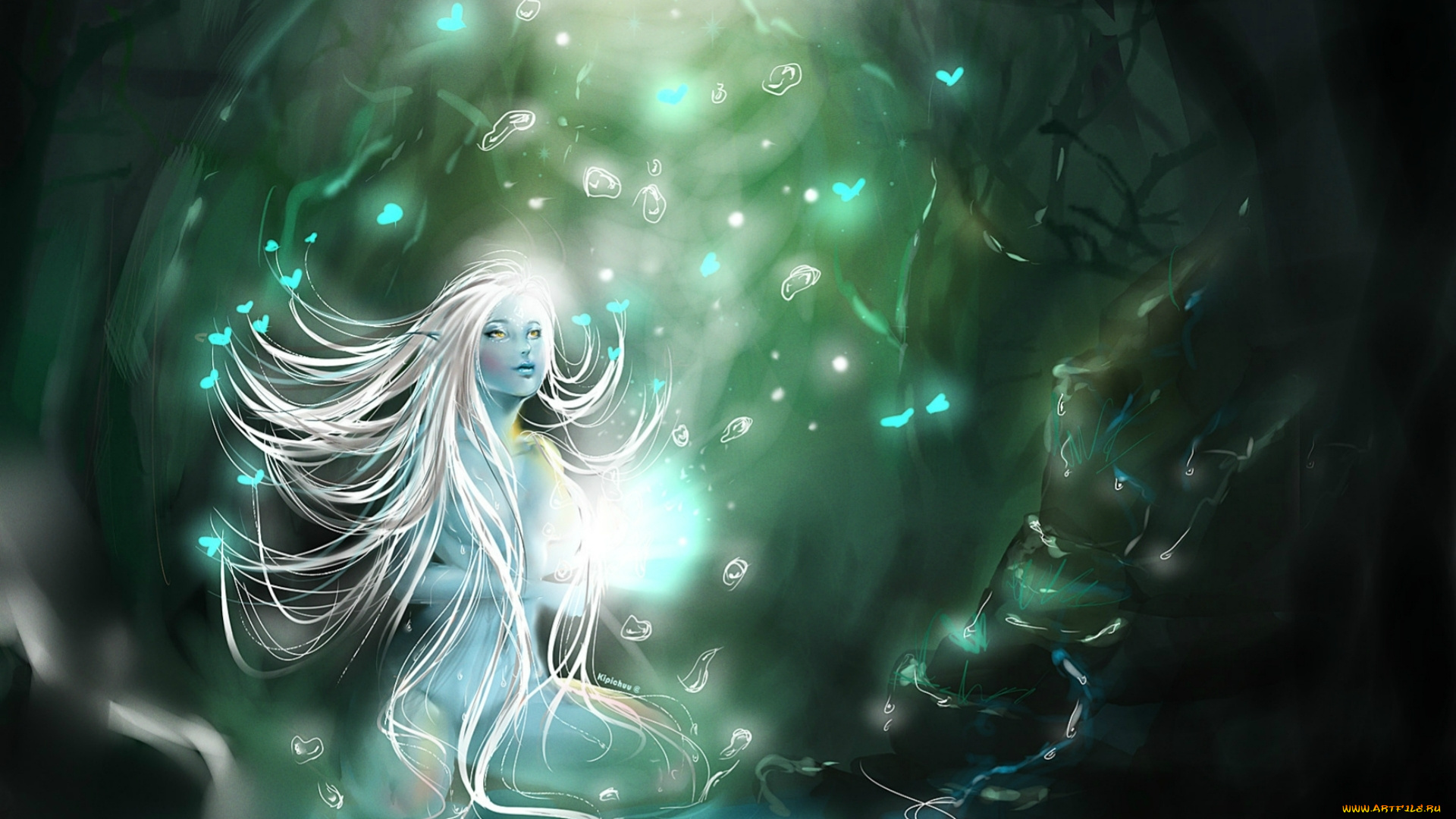 фэнтези, эльфы, эльфийка, девушка, сидит, бабочки, пузырьки