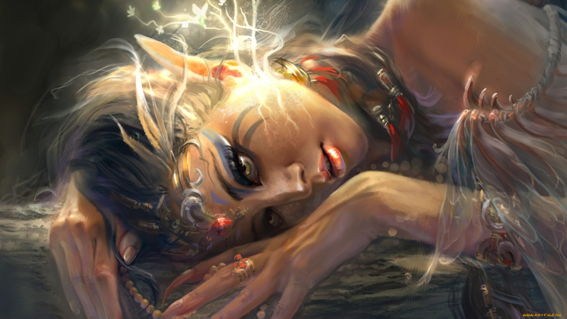 фэнтези, эльфы, эльфийка, лежит, девушка, тату, руки, когти