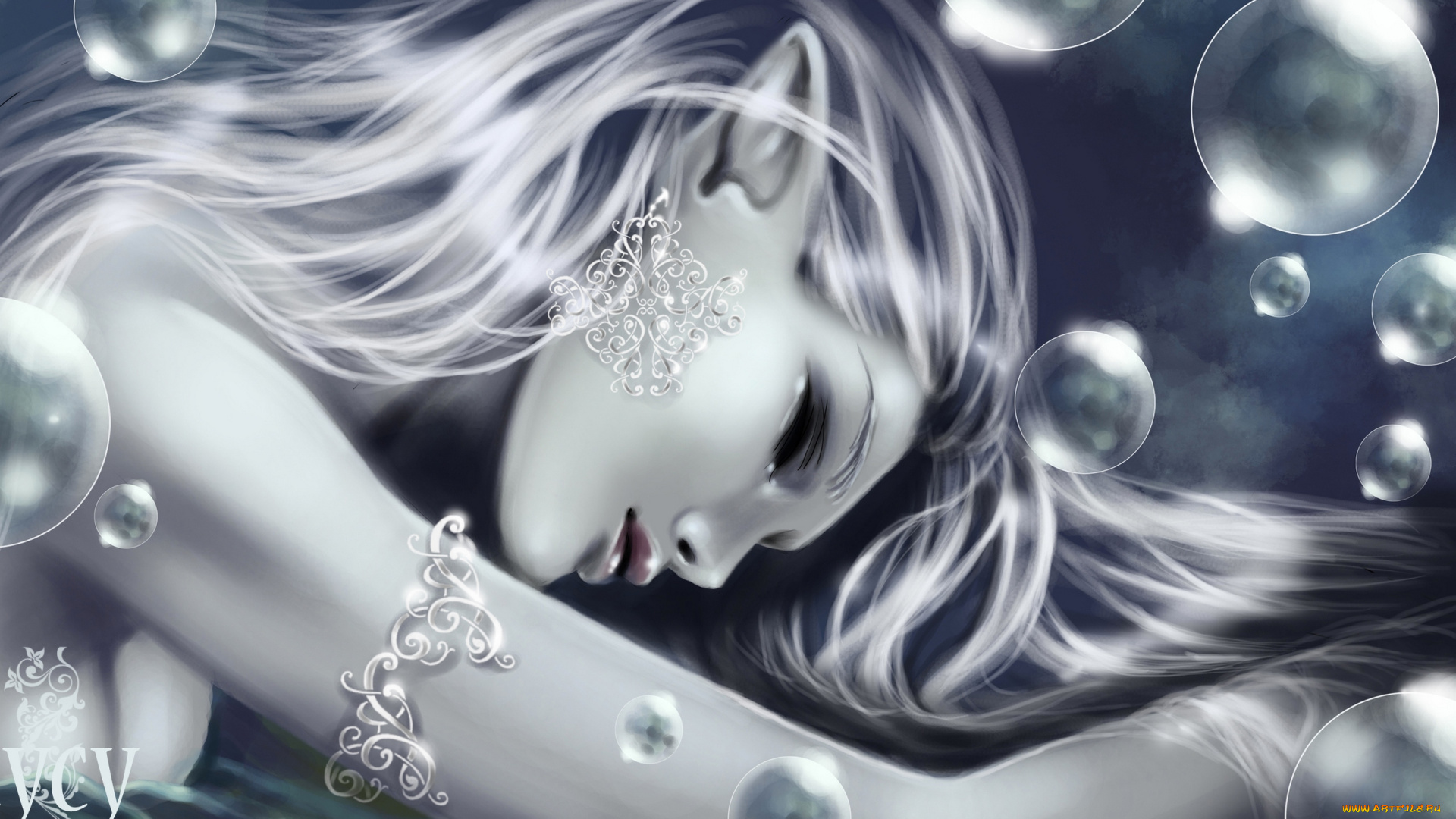 фэнтези, эльфы, эльфийка, спит, пузырьки, украшения