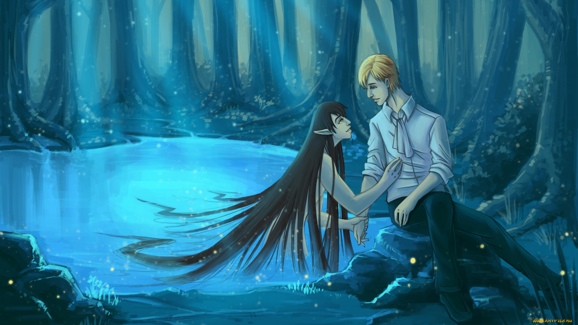 фэнтези, эльфы, лес, озеро, человек, эльф, стволы